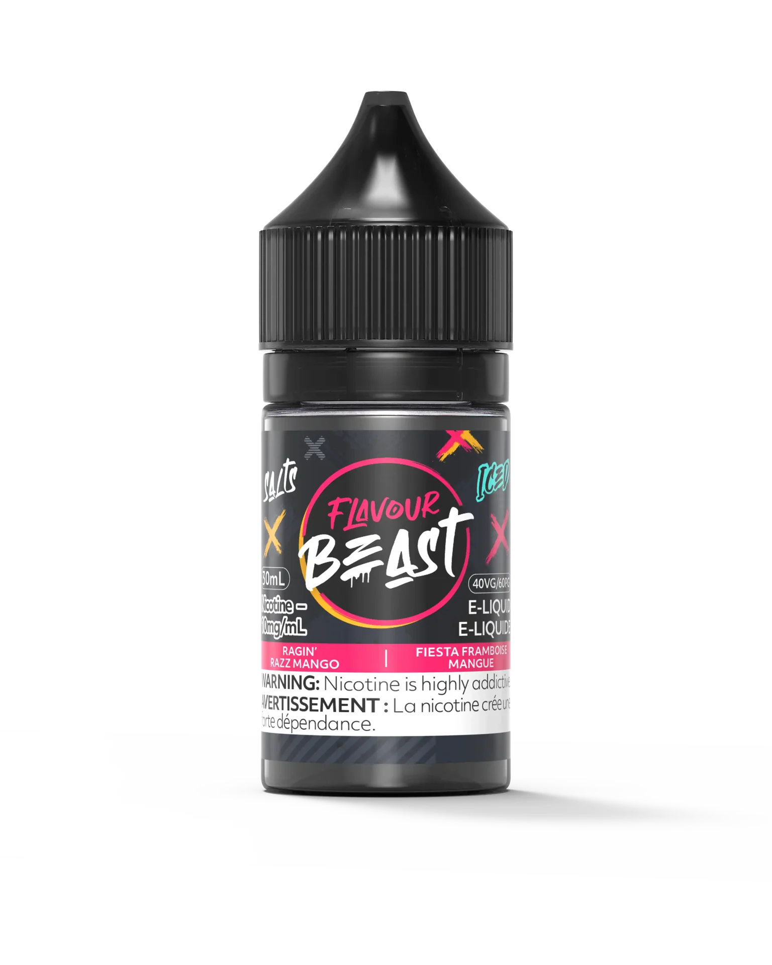 Flavour Beast Salt Ragin' Razz Mango Iced 30mL e-liquid bottle with black cap and vibrant pink, black, and white label.