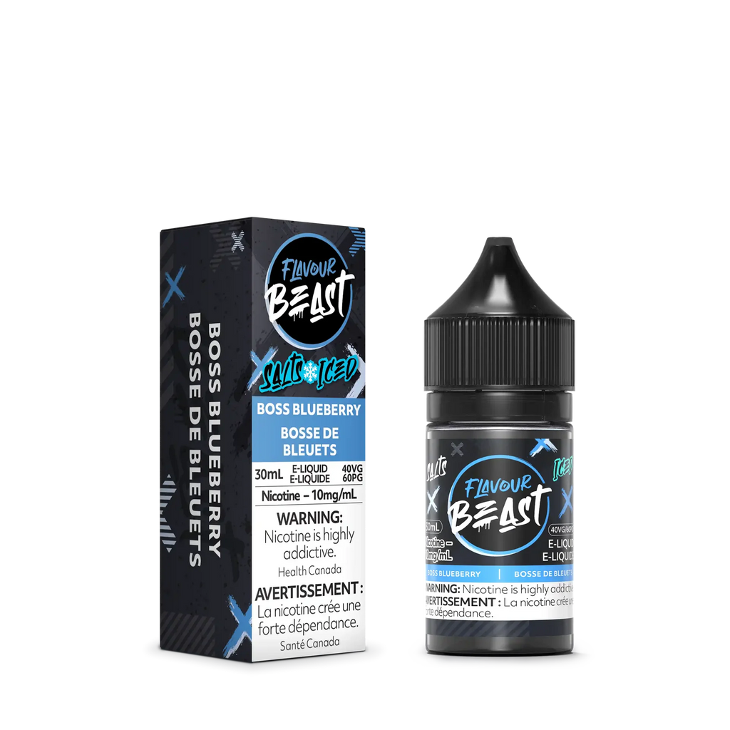 Flavour Beast Salt Boss Blueberry Iced 30mL e-liquid bottle and matching black and blue box.
