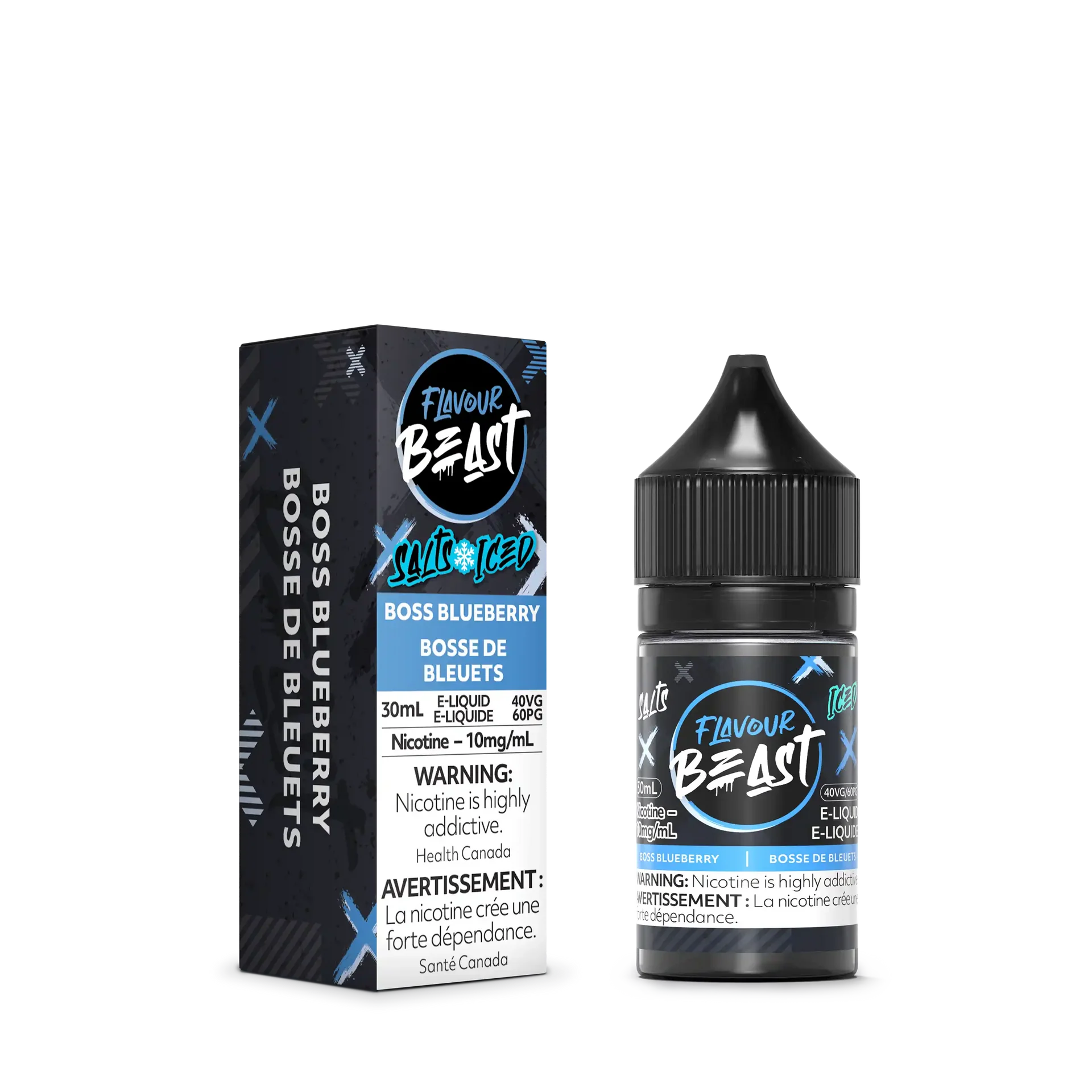 Flavour Beast Salt Boss Blueberry Iced 30mL e-liquid bottle and matching black and blue box.