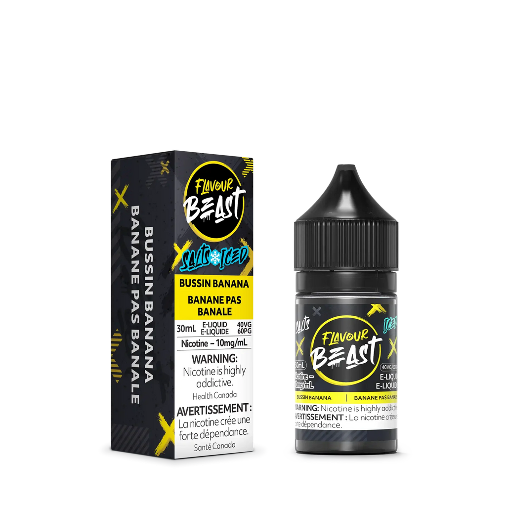 Flavour Beast Salt Bussin' Banana Iced e-liquid bottle and matching black and yellow box.