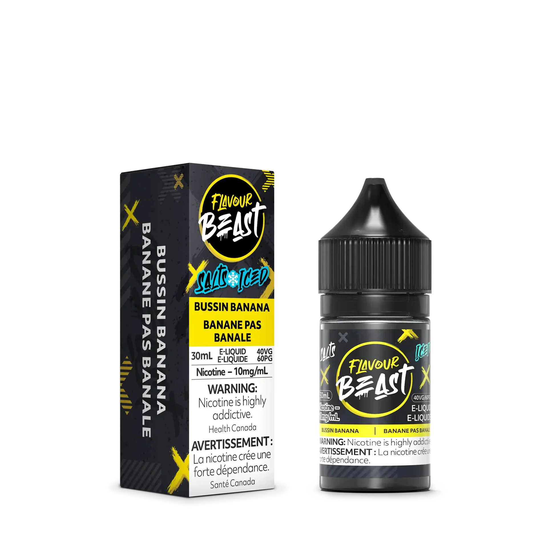 Flavour Beast Salt Bussin' Banana Iced e-liquid bottle and matching black and yellow box.