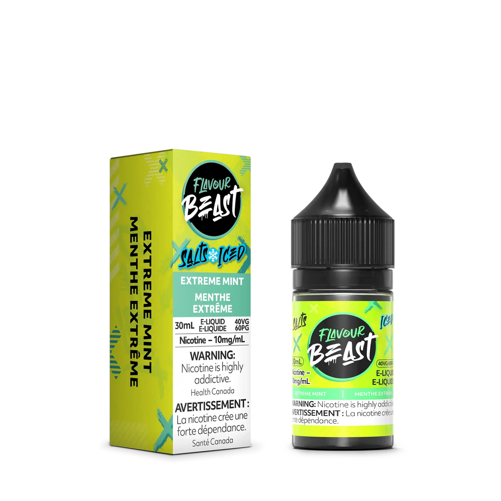 Flavour Beast Salt Extreme Mint Iced e-liquid, 30mL bottle and matching neon green box.