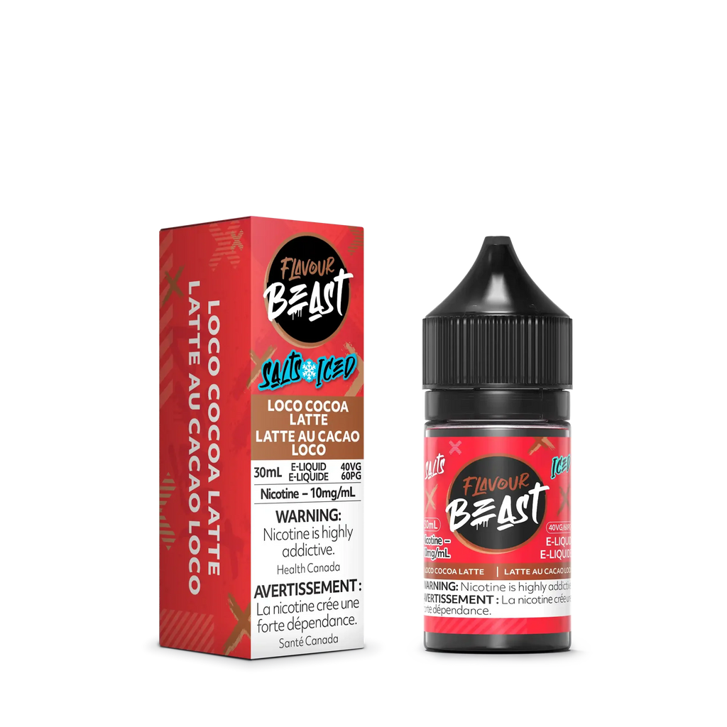 Flavour Beast Salt Loco Cocoa Latte Iced 30mL e-liquid bottle and red box with white text.