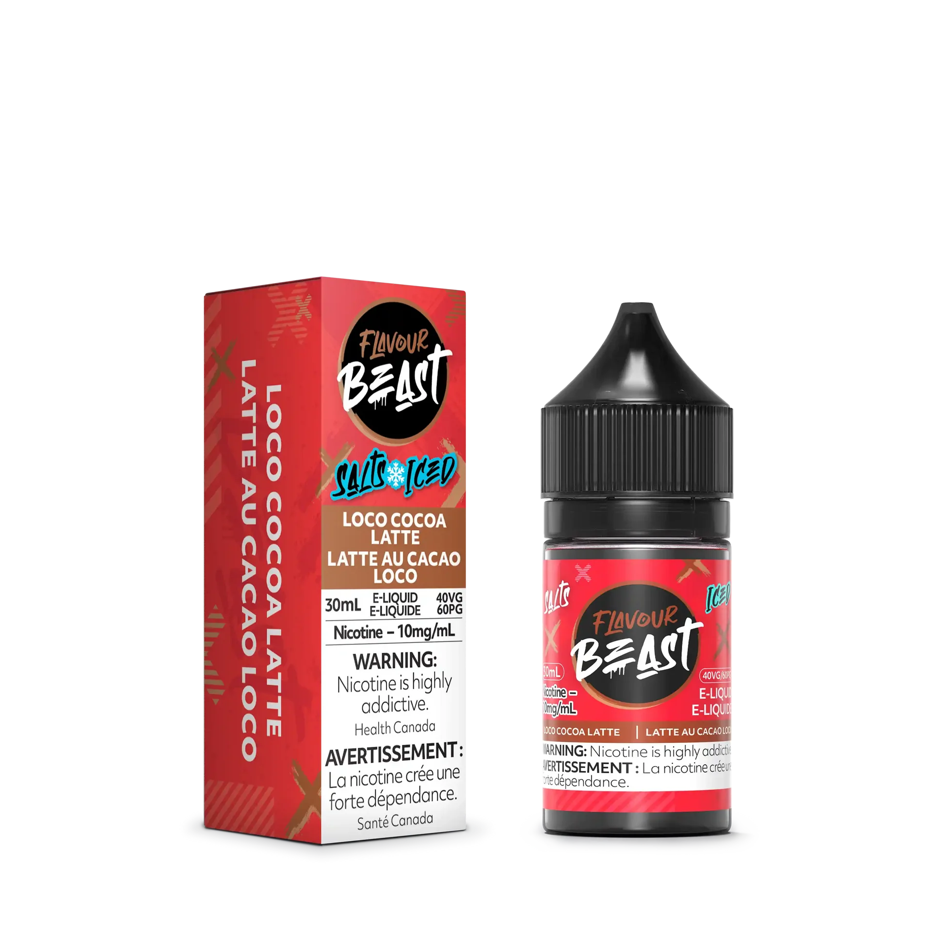 Flavour Beast Salt Loco Cocoa Latte Iced 30mL e-liquid bottle and red box with white text.