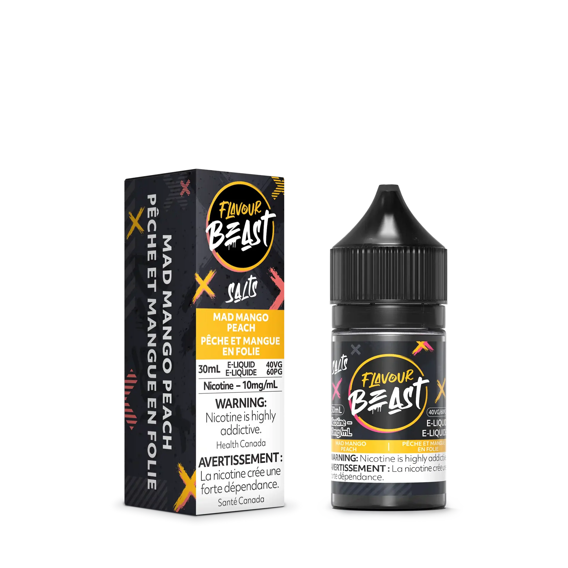 Flavour Beast Salt Mad Mango Peach e-liquid bottle and matching black and yellow box.