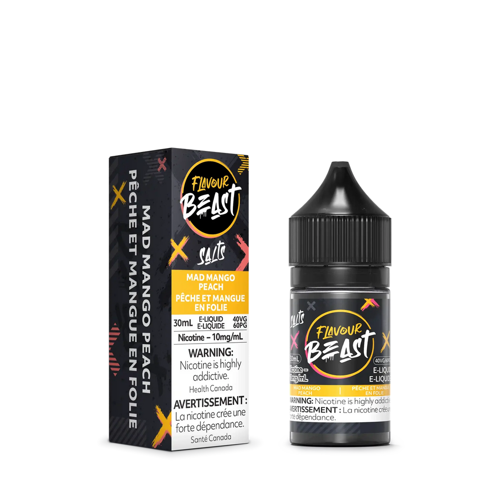 Flavour Beast Salt Mad Mango Peach e-liquid bottle and matching black and yellow box.