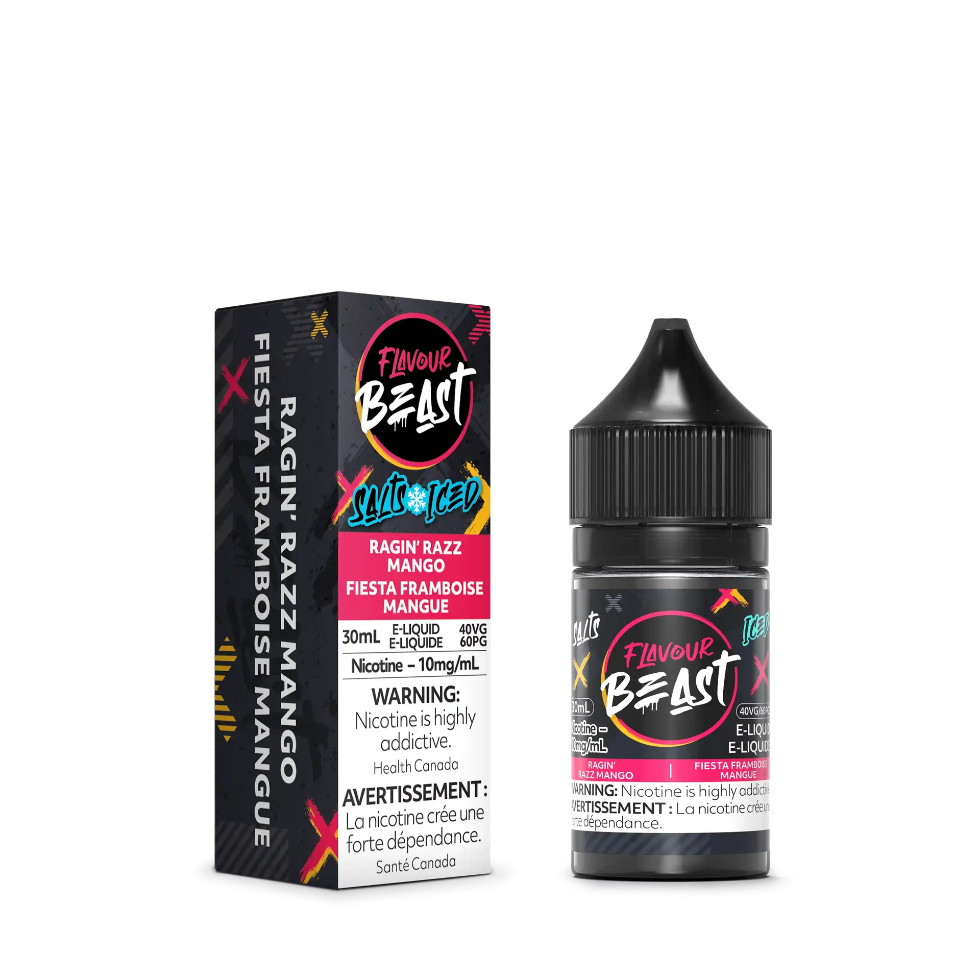 Flavour Beast Salt Ragin' Razz Mango Iced e-liquid bottle and box, black with vibrant pink and blue accents.