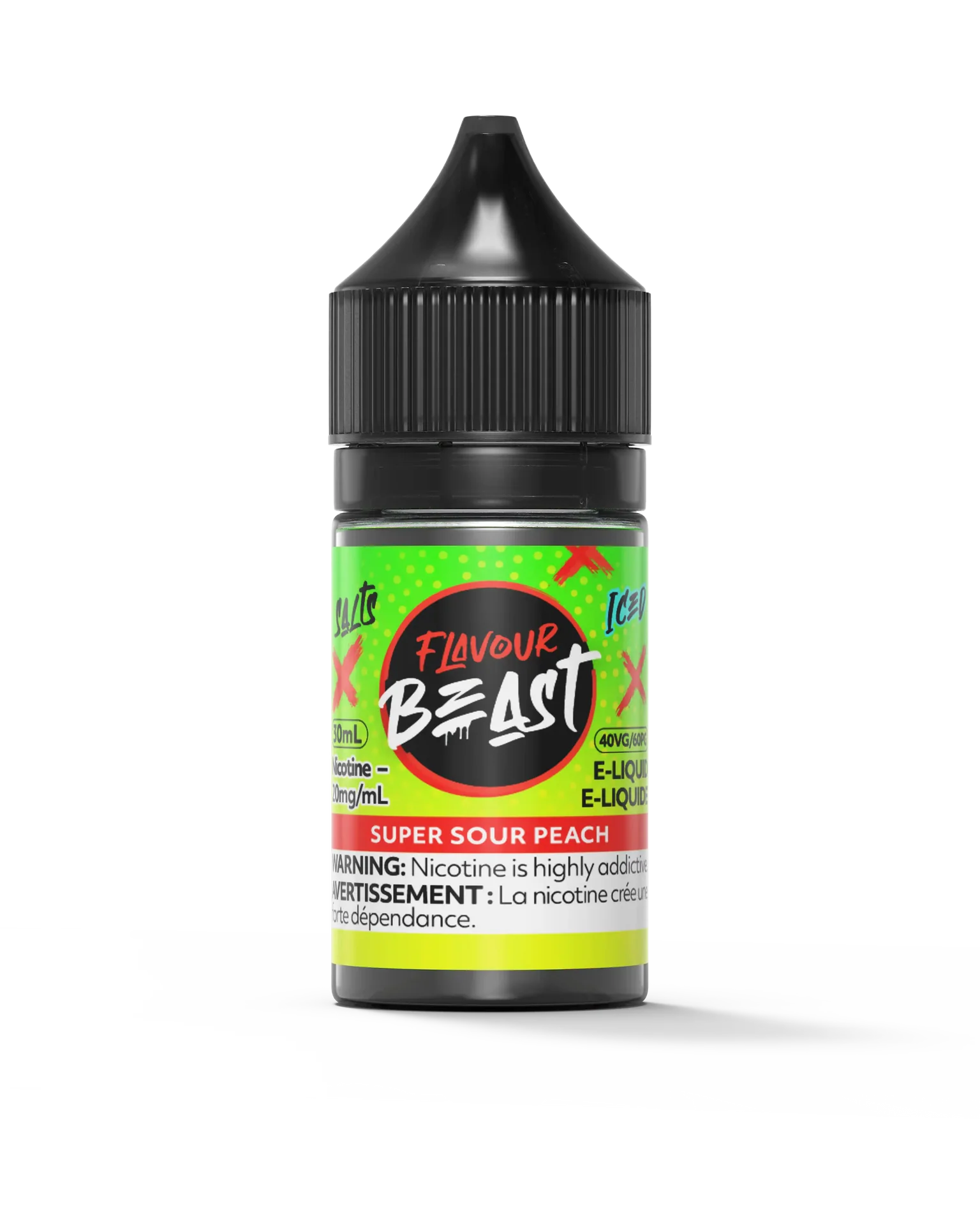 Flavour Beast Salt Super Sour Peach 30mL e-liquid bottle with a black cap and vibrant green label.