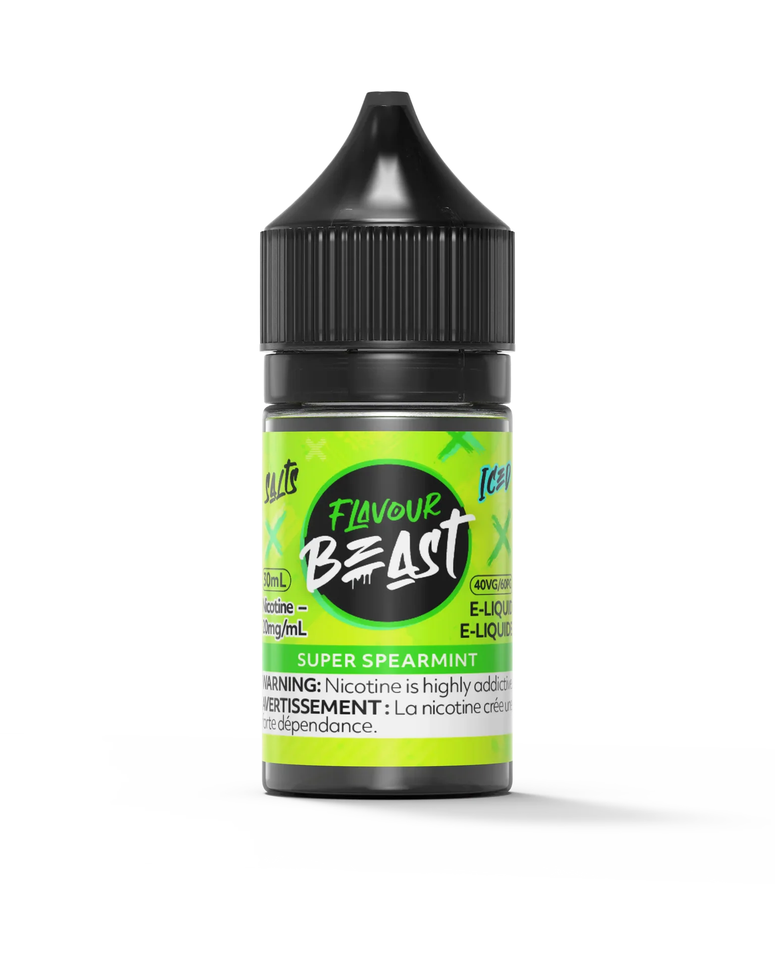 Flavour Beast Salt Super Spearmint 30mL e-liquid bottle with a black cap and vibrant green label.