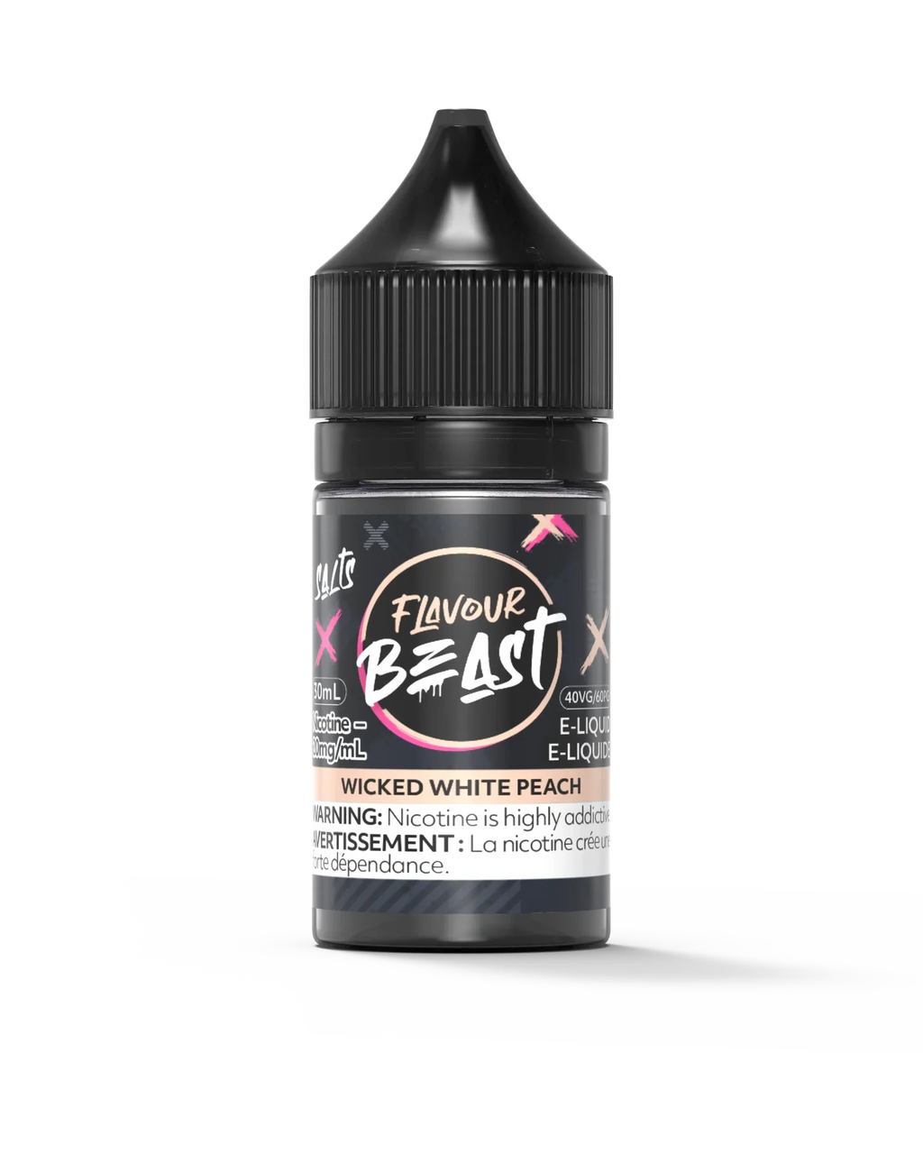 Flavour Beast Salt Wicked White Peach 30mL e-liquid bottle with black cap and pink/white label.