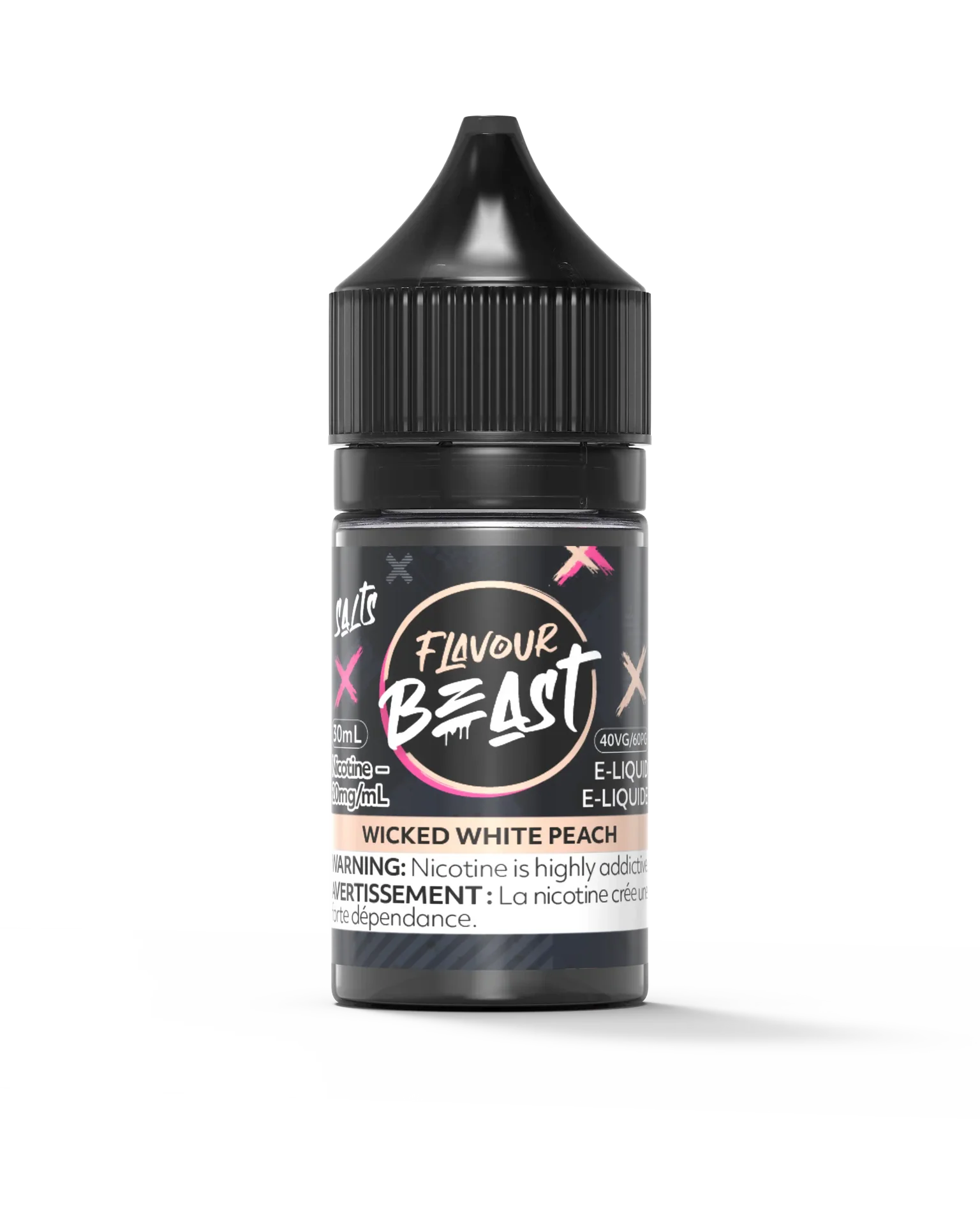 Flavour Beast Salt Wicked White Peach 30mL e-liquid bottle with black cap and pink/white label.