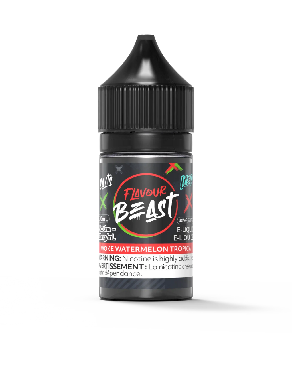 Flavour Beast Salt Woke Watermelon Tropica e-liquid, 30mL black bottle with red and green label.