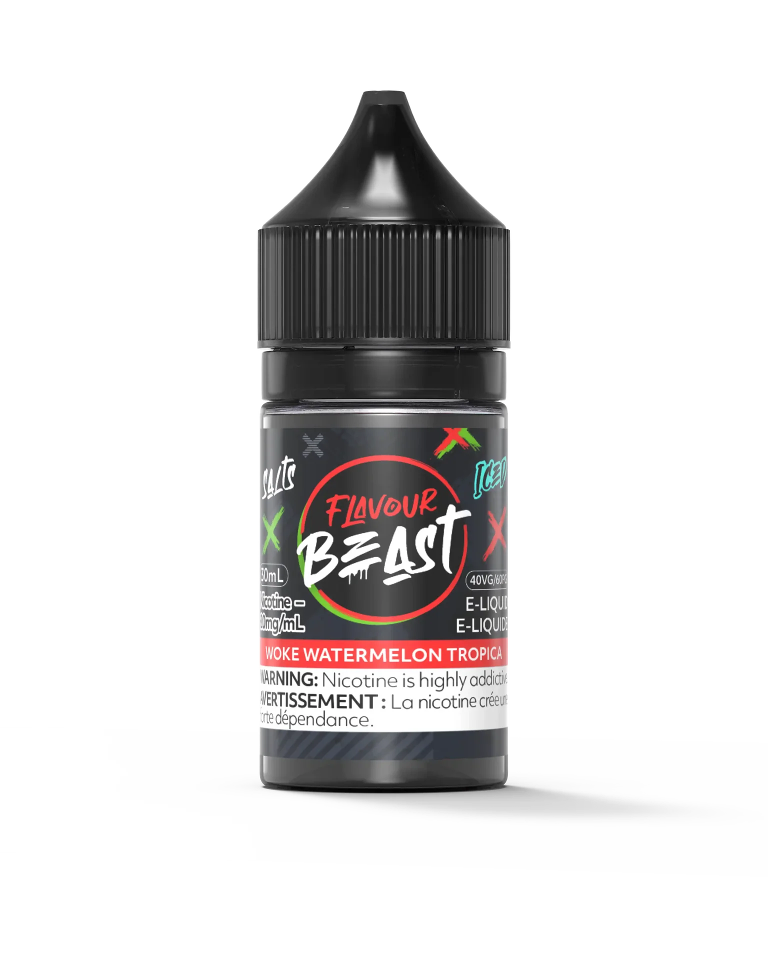 Flavour Beast Salt Woke Watermelon Tropica e-liquid, 30mL black bottle with red and green label.