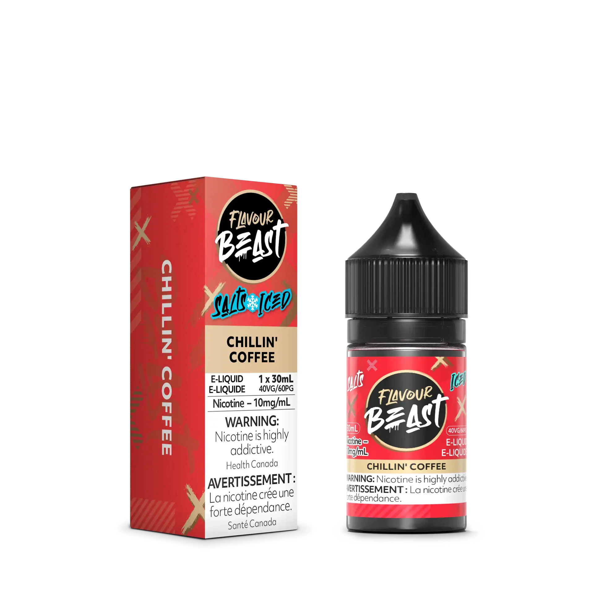 Flavour Beast Salt Chillin' Coffee 30mL e-liquid bottle and matching red box with white and black branding.