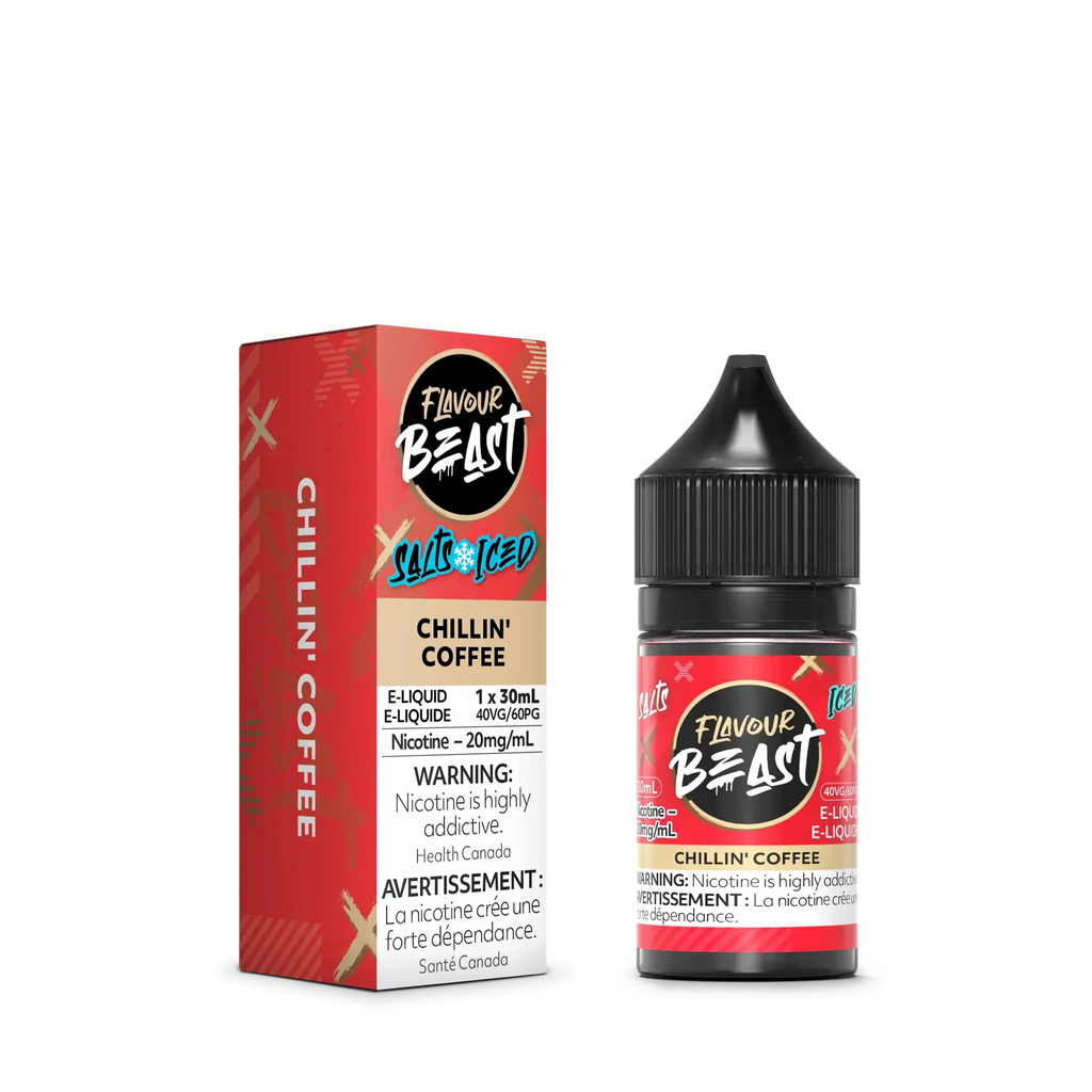 Flavour Beast Salt Chillin' Coffee 30mL e-liquid bottle and red box with white and black branding.