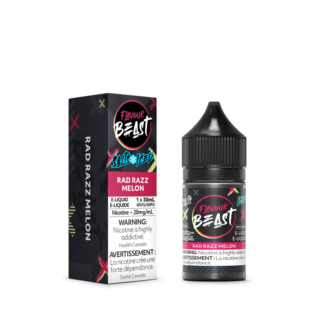 Flavour Beast Salt Rad Razz Melon e-liquid box and black 30ml bottle with pink and red label.