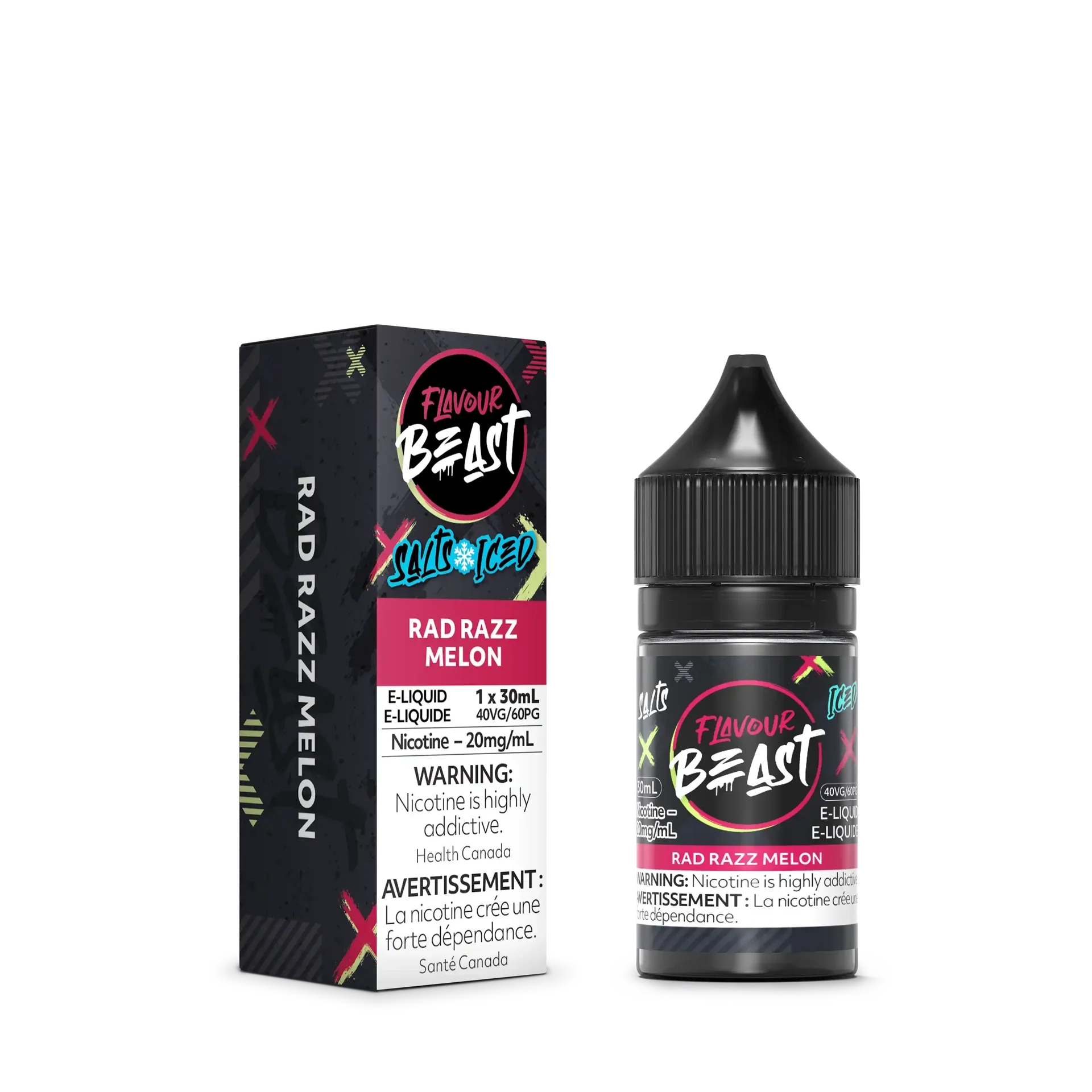 Flavour Beast Salt Rad Razz Melon e-liquid box and black 30ml bottle with pink and red label.