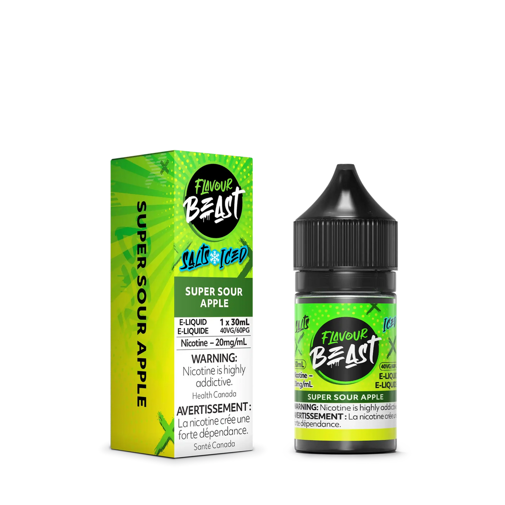 Flavour Beast Salt Super Sour Apple 30ml e-liquid bottle and green box with warning labels.