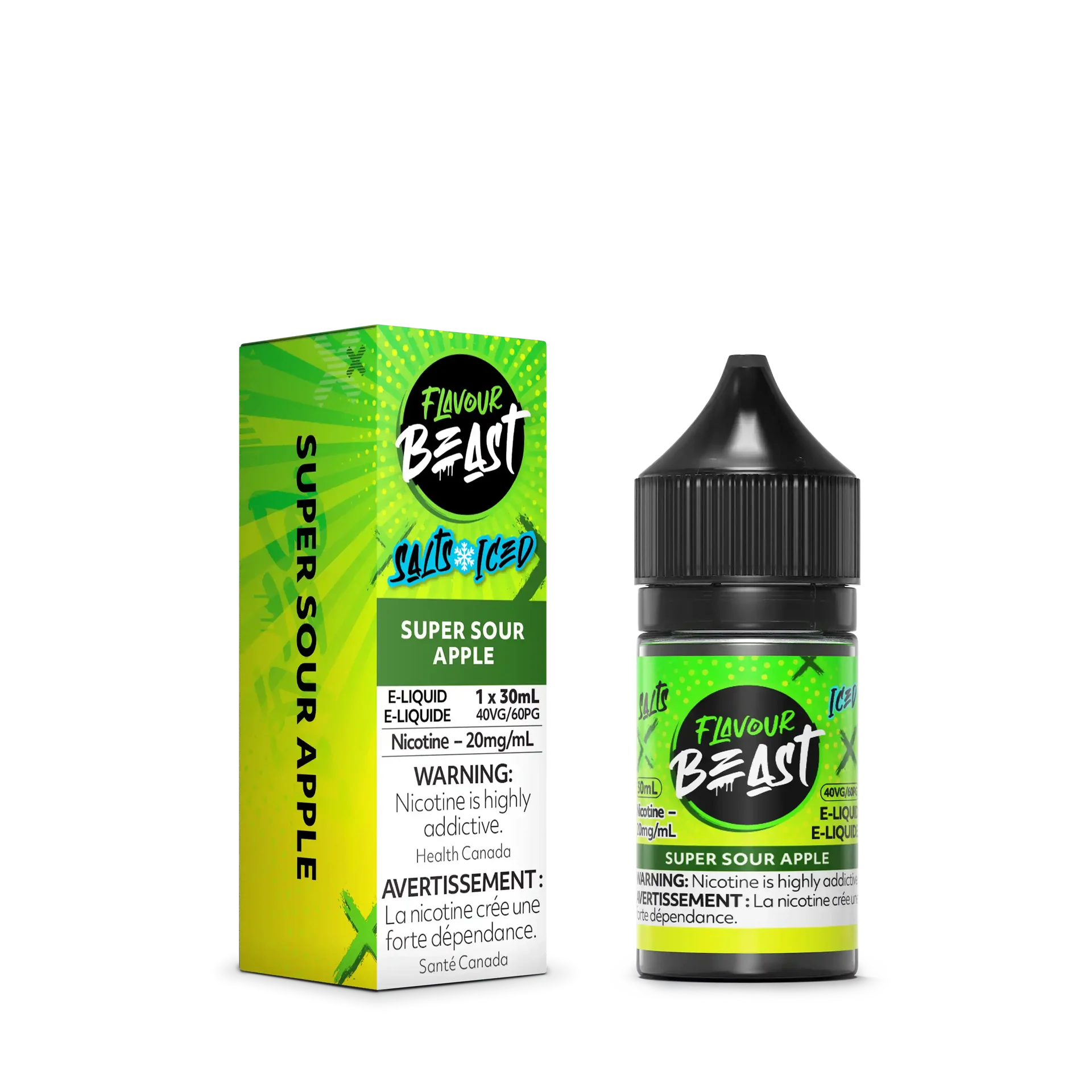 Flavour Beast Salt Super Sour Apple 30ml e-liquid bottle and green box with warning labels.