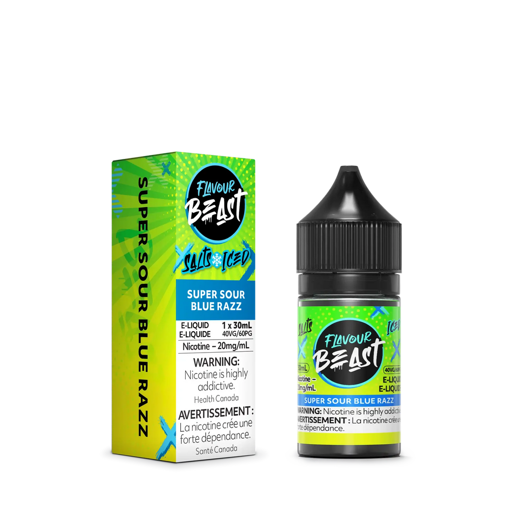 Flavour Beast Salt Super Sour Blue Razz e-liquid with green and blue packaging, 30mL bottle.