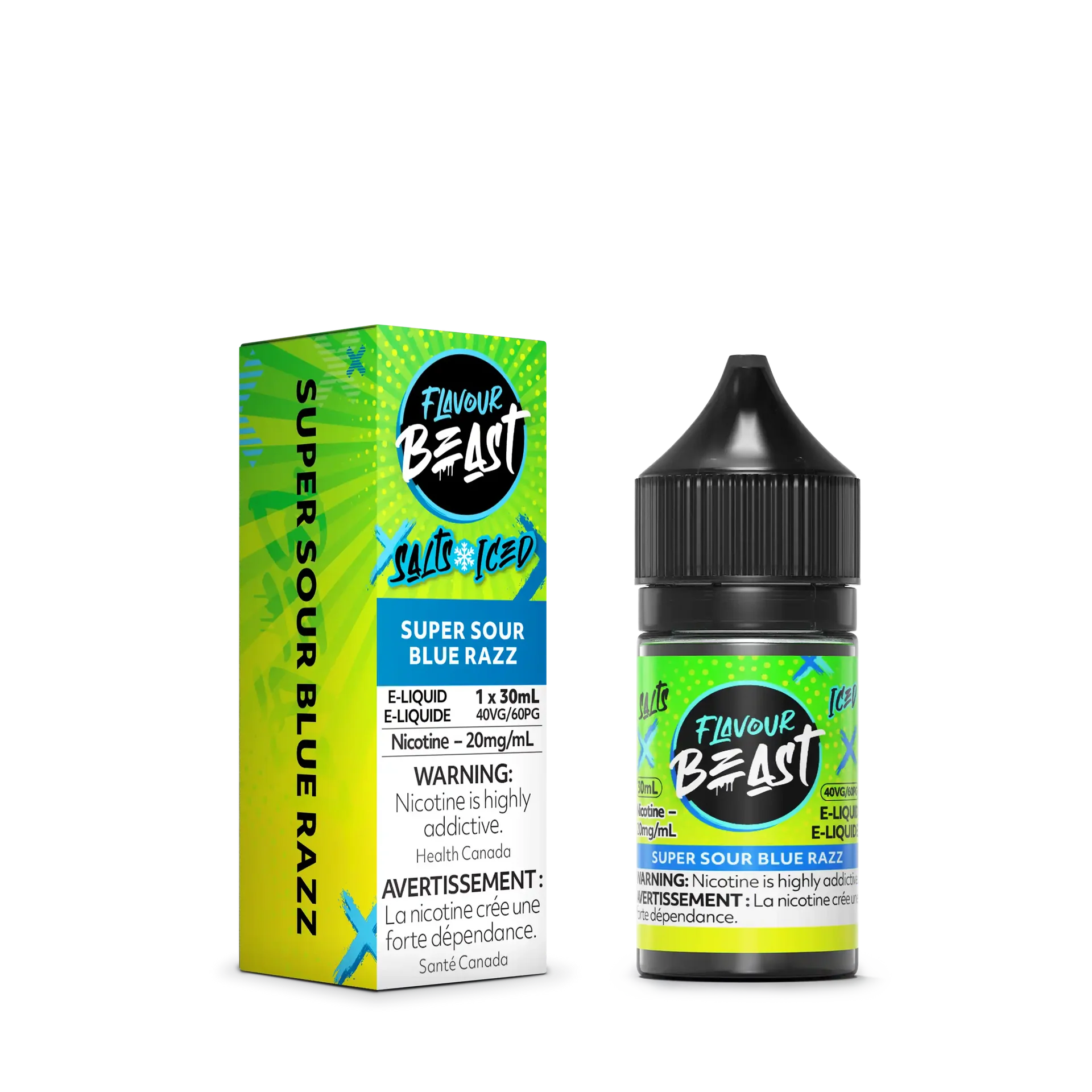 Flavour Beast Salt Super Sour Blue Razz e-liquid with green and blue packaging, 30mL bottle.