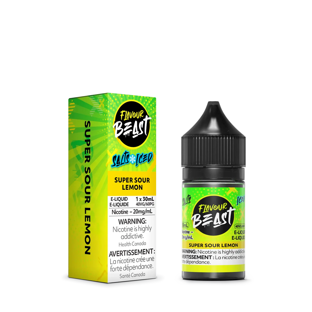 Flavour Beast Salt Super Sour Lemon e-liquid, 30mL bottle and green box with yellow accents.
