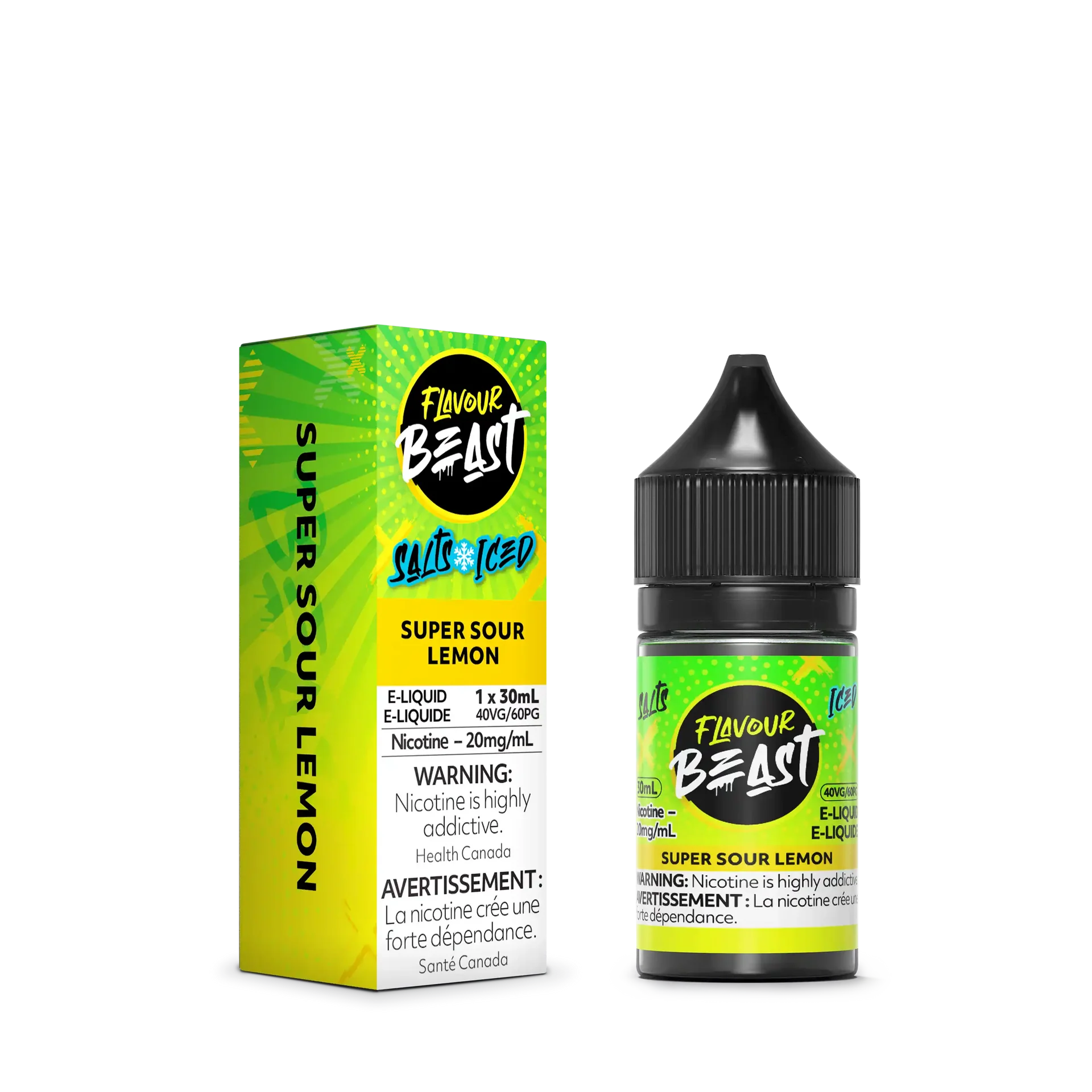 Flavour Beast Salt Super Sour Lemon e-liquid, 30mL bottle and green box with yellow accents.