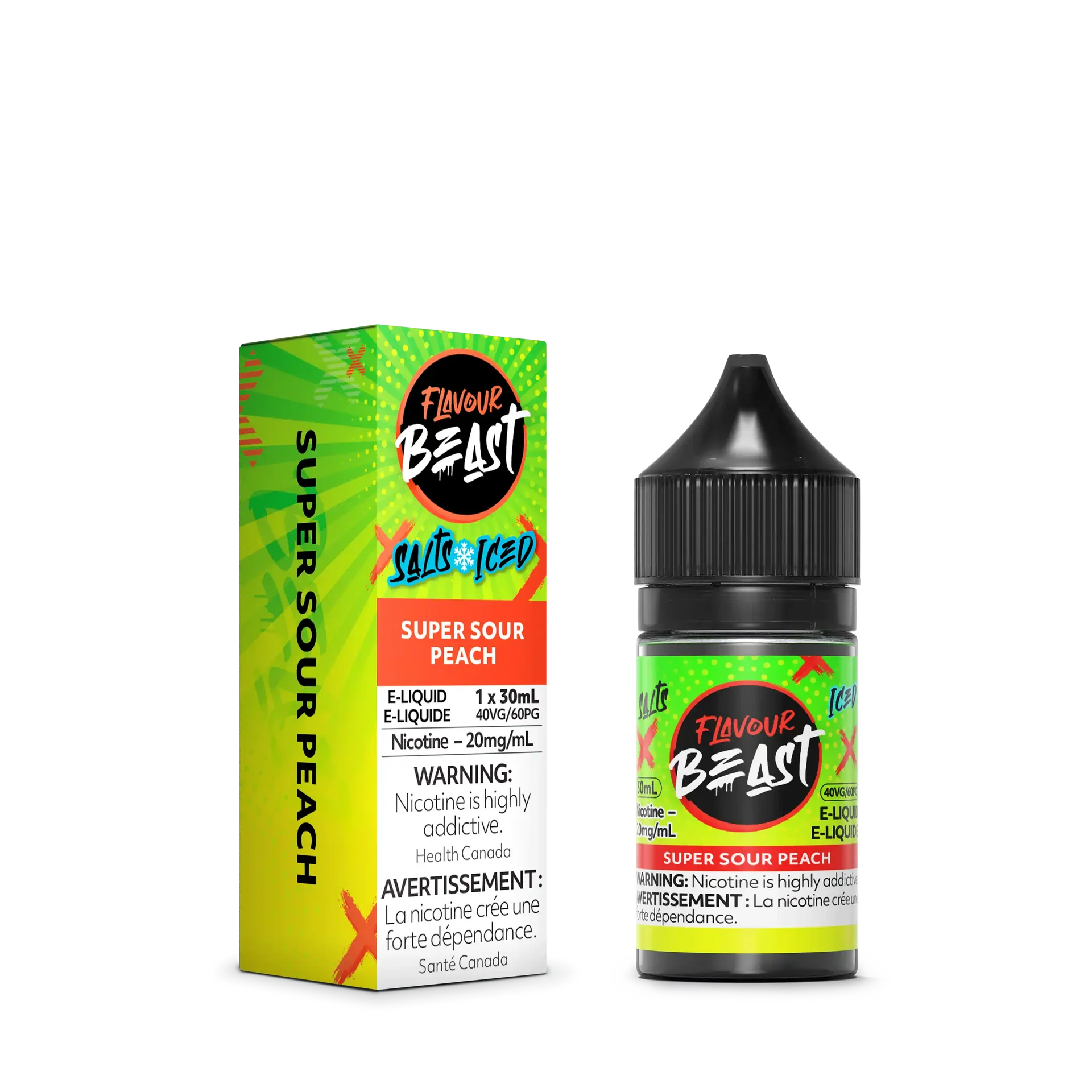 Flavour Beast Salt Super Sour Peach e-liquid bottle and matching green and orange box.
