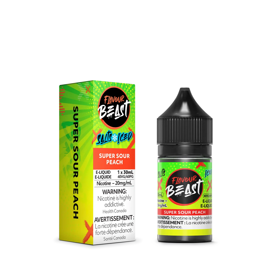 Flavour Beast Salt Super Sour Peach e-liquid bottle and matching green and orange box.