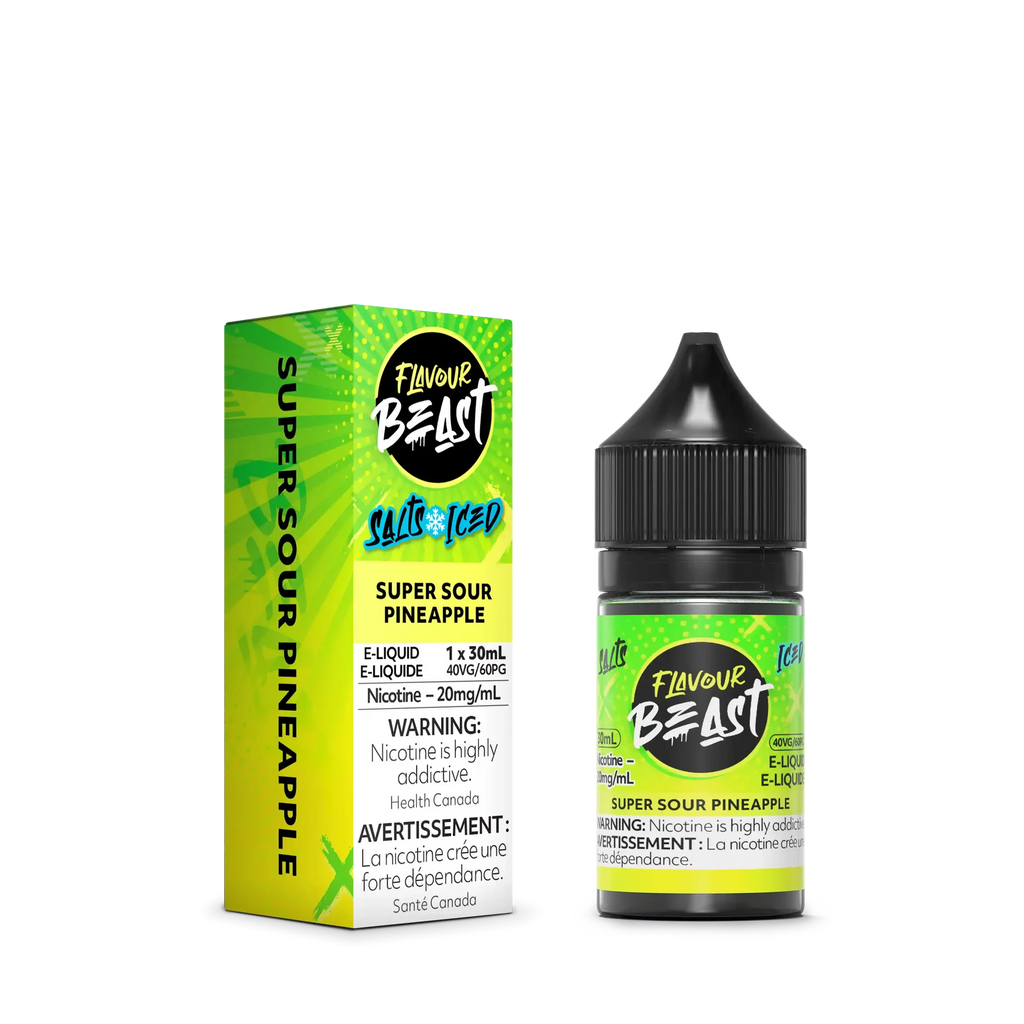 Flavour Beast Salt Super Sour Pineapple e-liquid, 30mL bottle and matching green and yellow box.