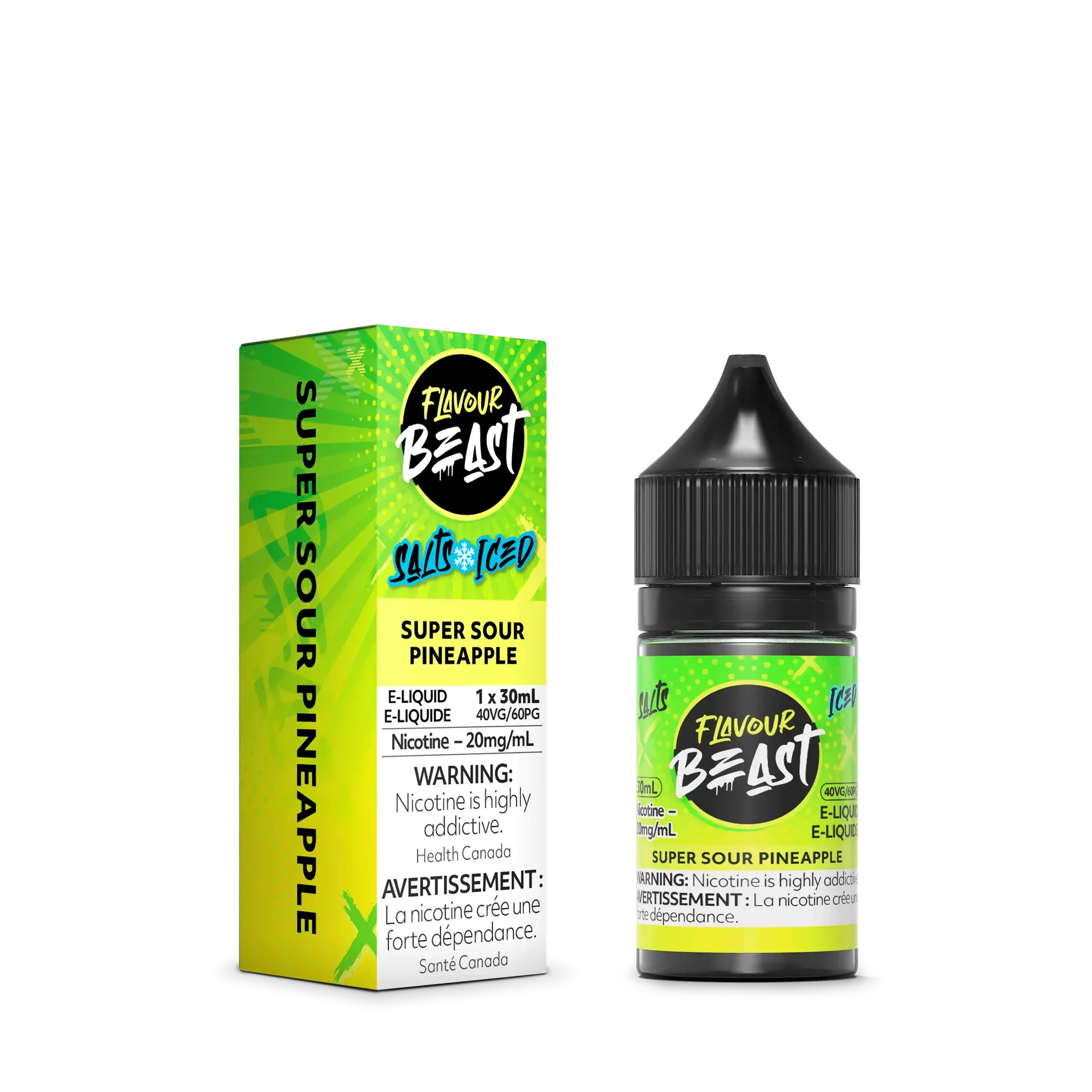 Flavour Beast Salt Super Sour Pineapple e-liquid, 30mL bottle and matching green and yellow box.