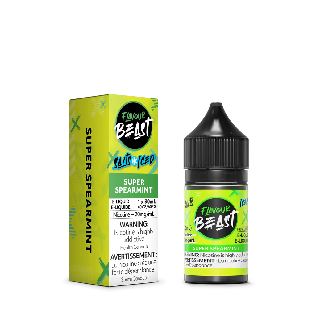 Flavour Beast Salt Super Spearmint e-liquid bottle and matching green box with black cap.