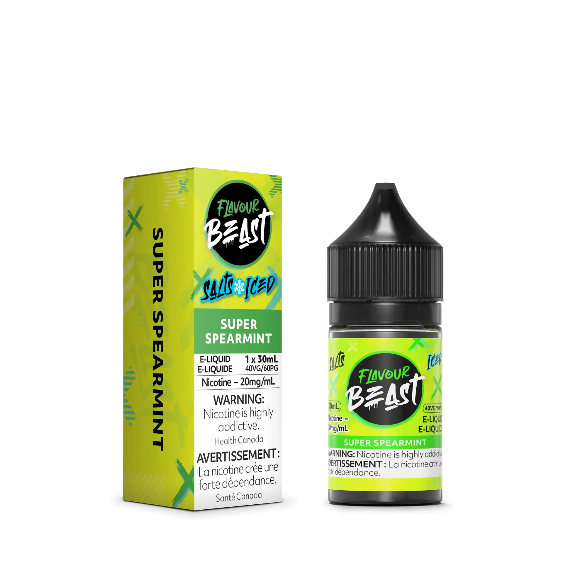 Flavour Beast Salt Super Spearmint e-liquid bottle and matching green box with black cap.