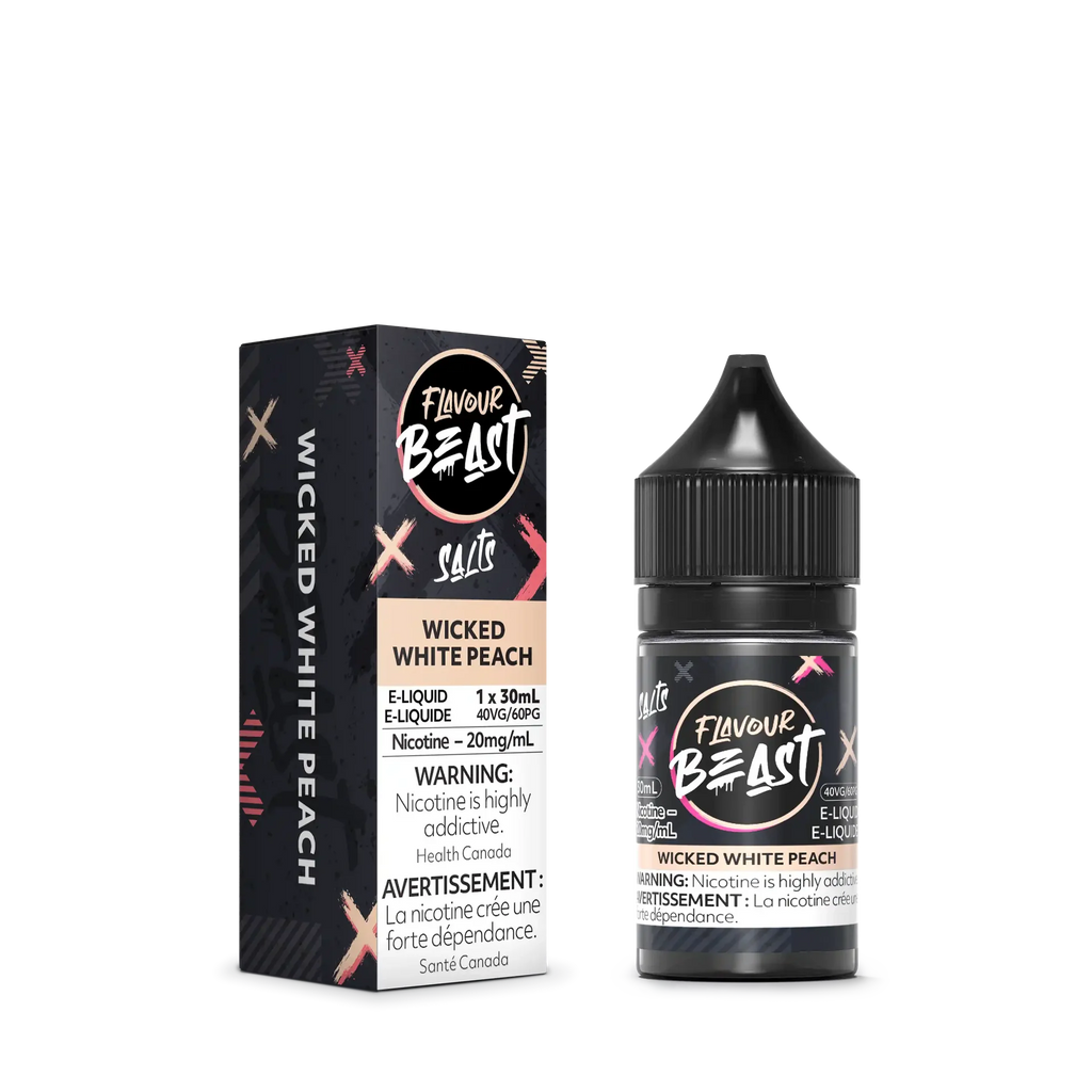 Flavour Beast Salt Wicked White Peach e-liquid bottle and matching black and white box with pink accents.