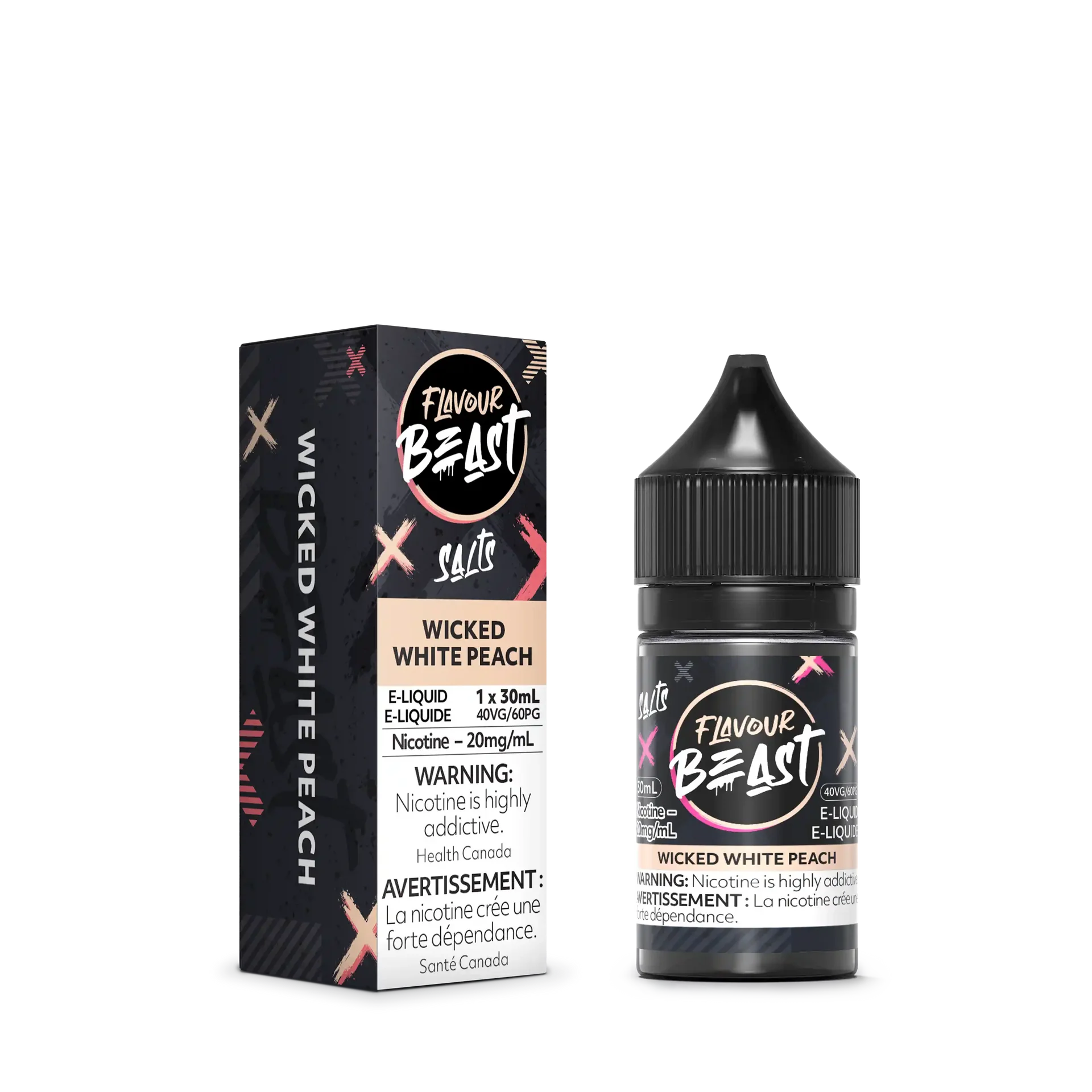 Flavour Beast Salt Wicked White Peach e-liquid bottle and matching black and white box with pink accents.