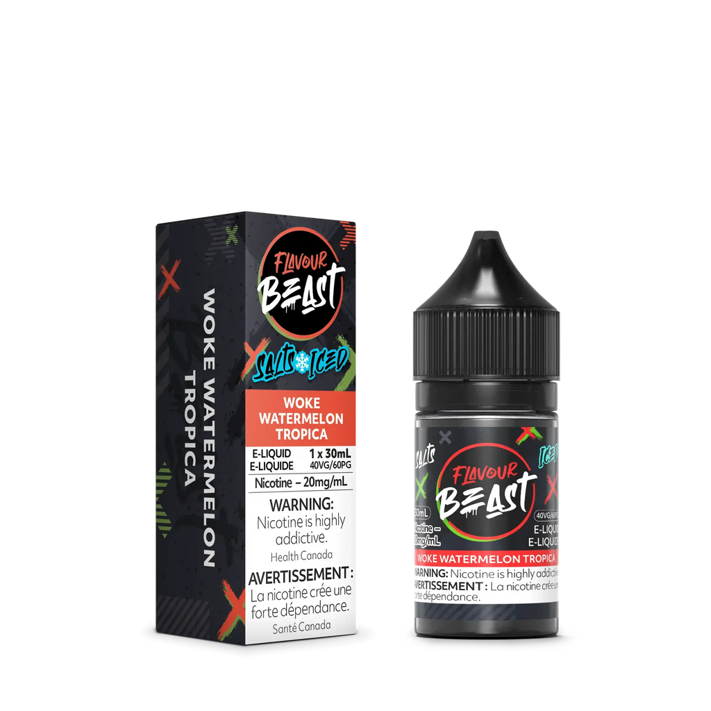 Flavour Beast Salt Woke Watermelon Tropica e-liquid bottle and matching box, black with red and green accents.