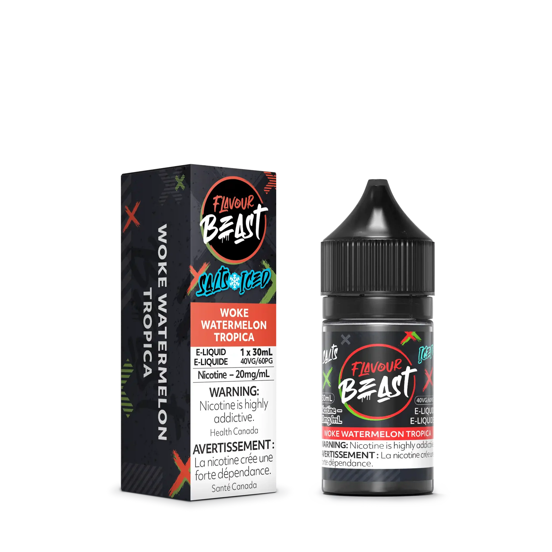 Flavour Beast Salt Woke Watermelon Tropica e-liquid bottle and matching box, black with red and green accents.