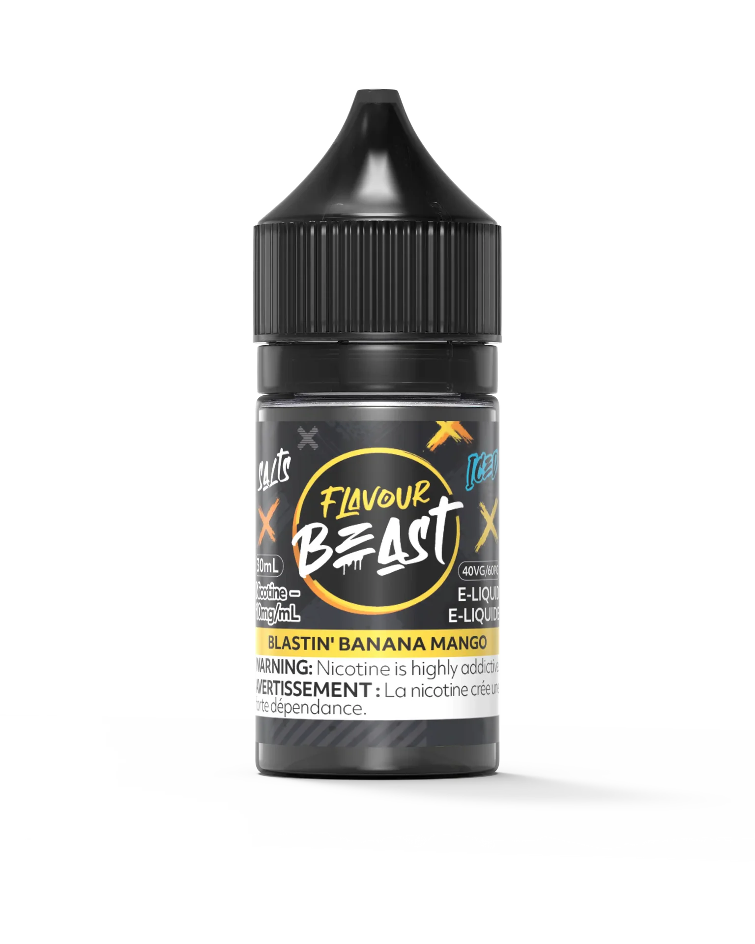 Black 30mL Flavour Beast Salt e-liquid bottle with "Blastin' Banana Mango Iced" label.
