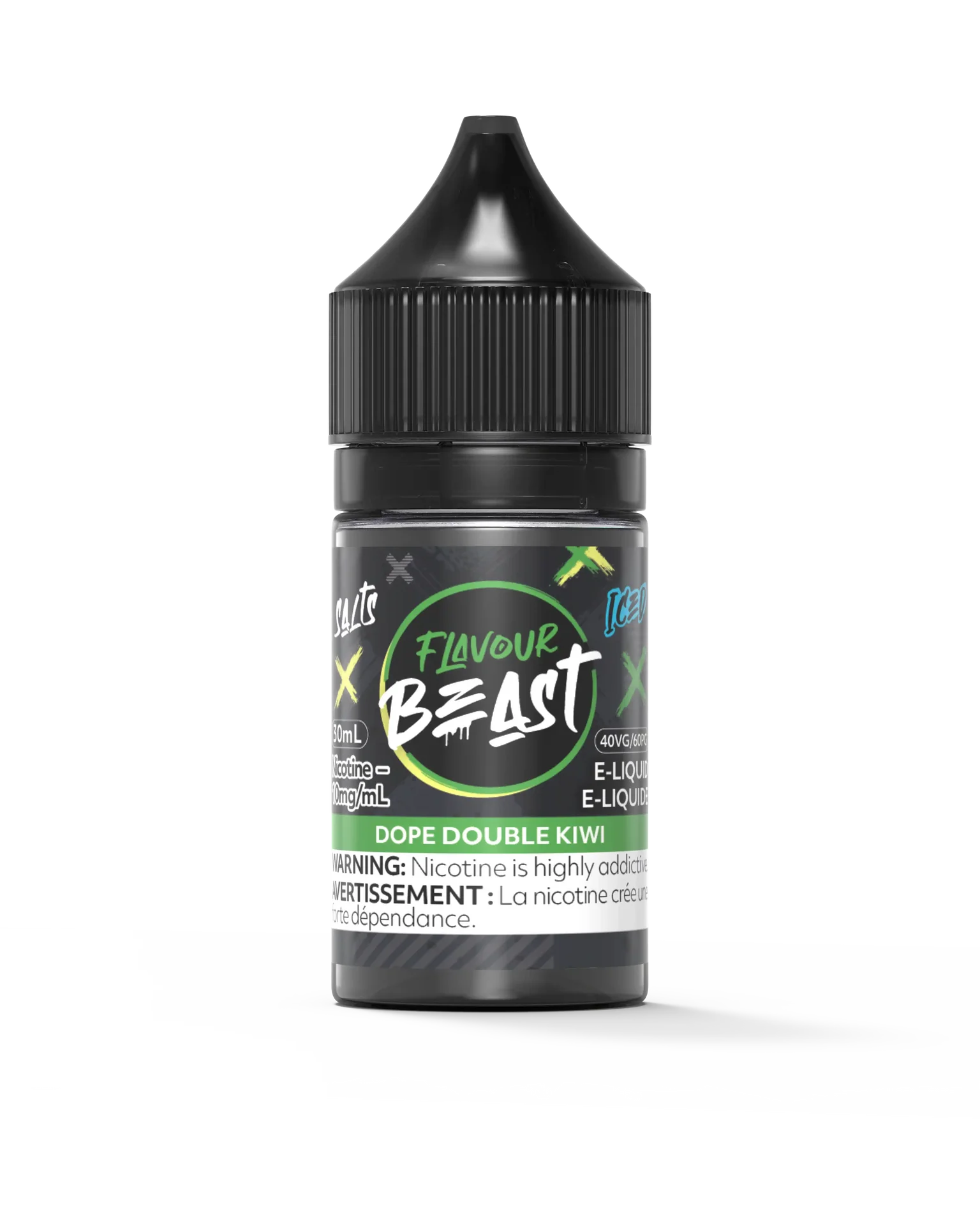 Flavour Beast Salt Dope Double Kiwi Iced 60mL e-liquid bottle with black cap and green label.