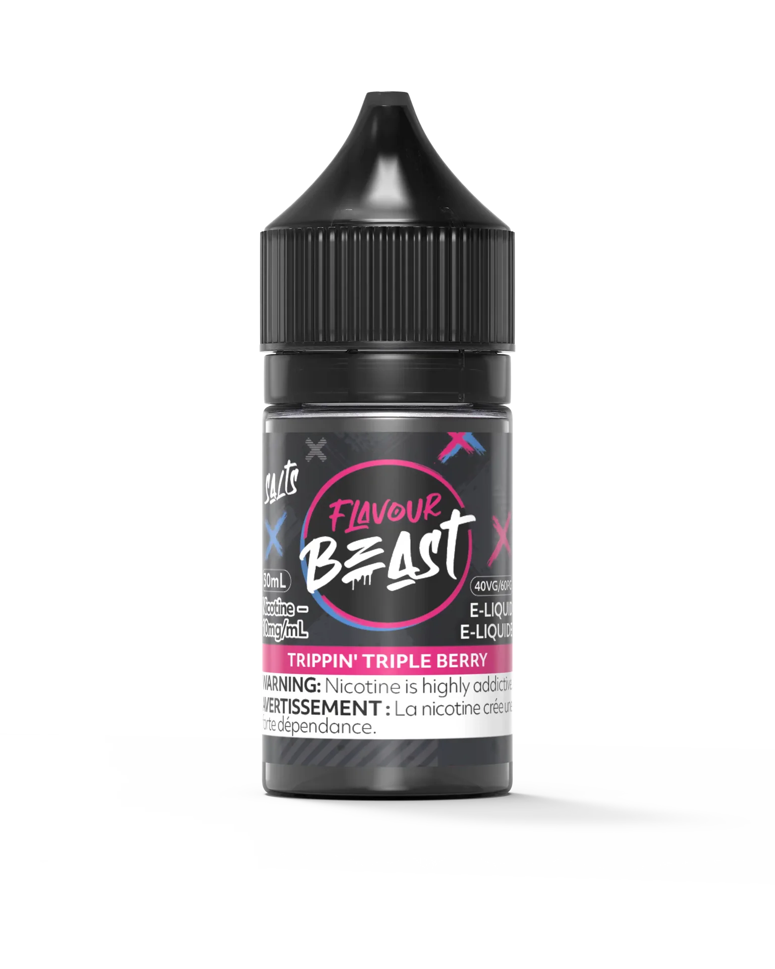 Flavour Beast Salt Trippin Triple Berry 30mL e-liquid bottle with black cap and vibrant pink/black label.
