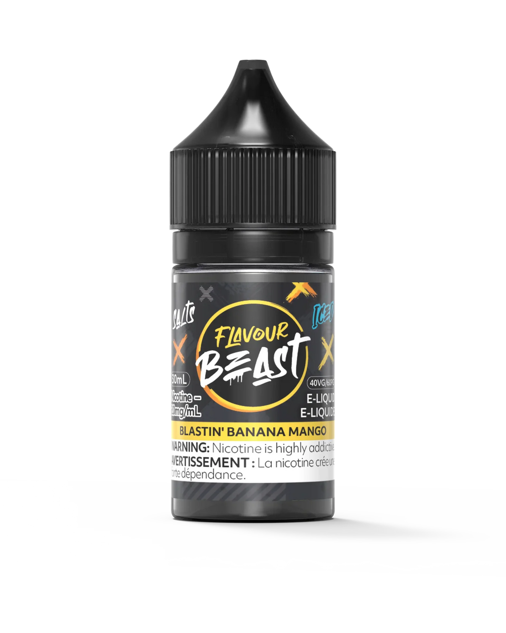 Black 30mL Flavour Beast Salt e-liquid bottle with a yellow and black "Blastin' Banana Mango Iced" label.
