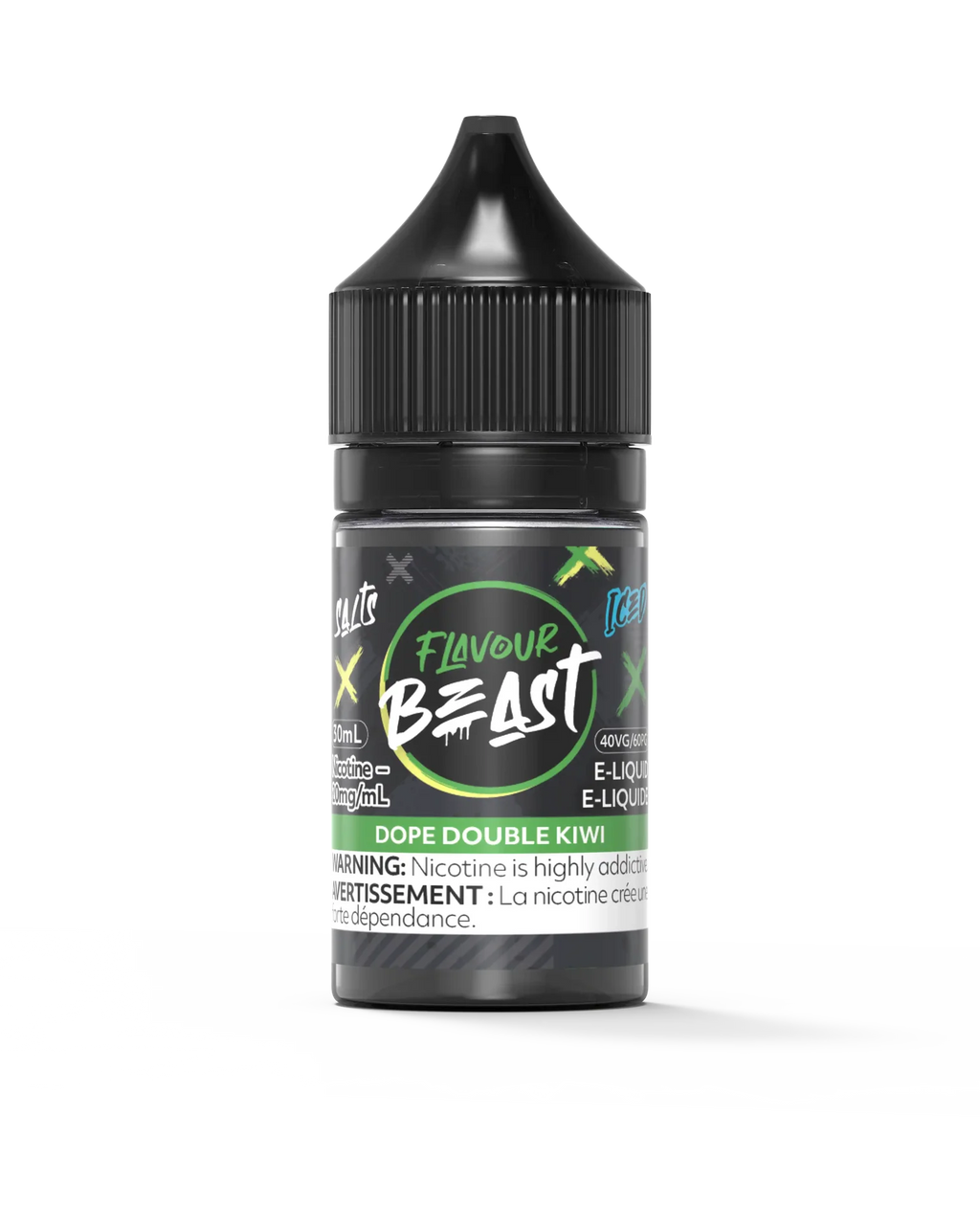 Flavour Beast Salt Dope Double Kiwi Iced 60mL e-liquid bottle with black cap and green label.
