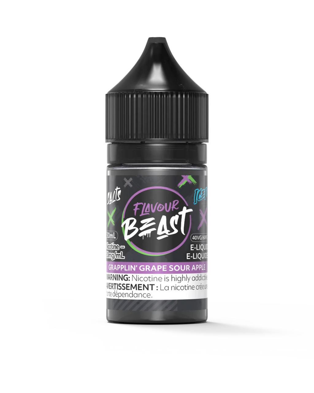 Flavour Beast Salt Grapplin' Grape Sour Apple Iced 30ml e-liquid bottle with black cap and purple label.