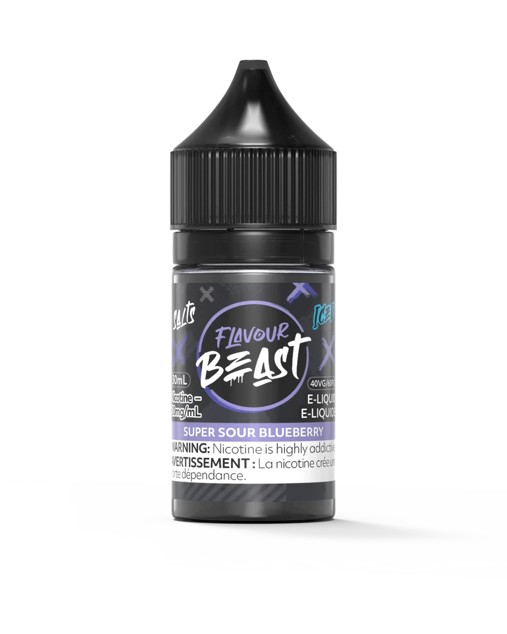 Flavour Beast Salt Super Sour Blueberry Iced 30mL e-liquid bottle with black cap and purple label.