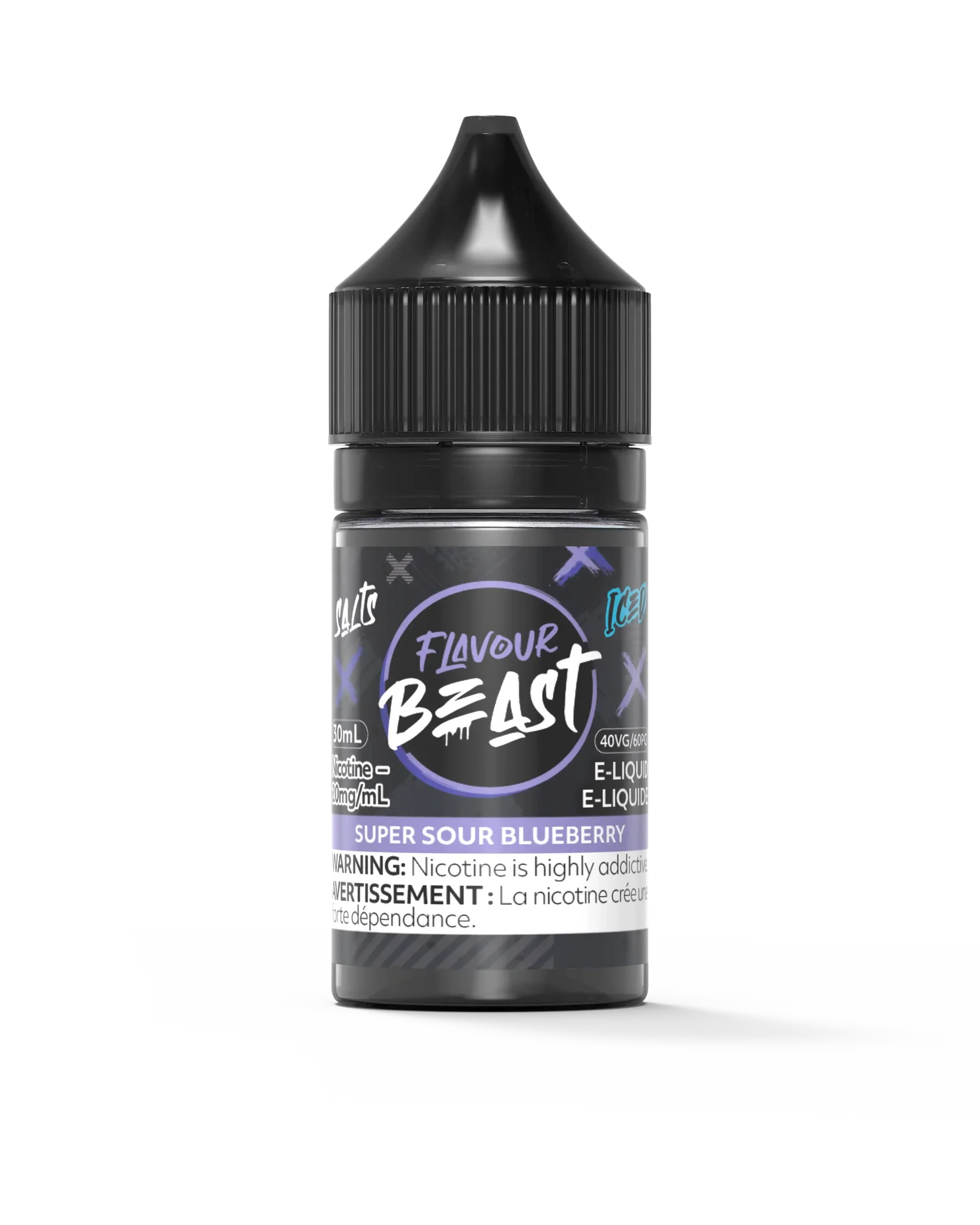 Flavour Beast Salt Super Sour Blueberry Iced 30mL e-liquid bottle with black cap and purple label.