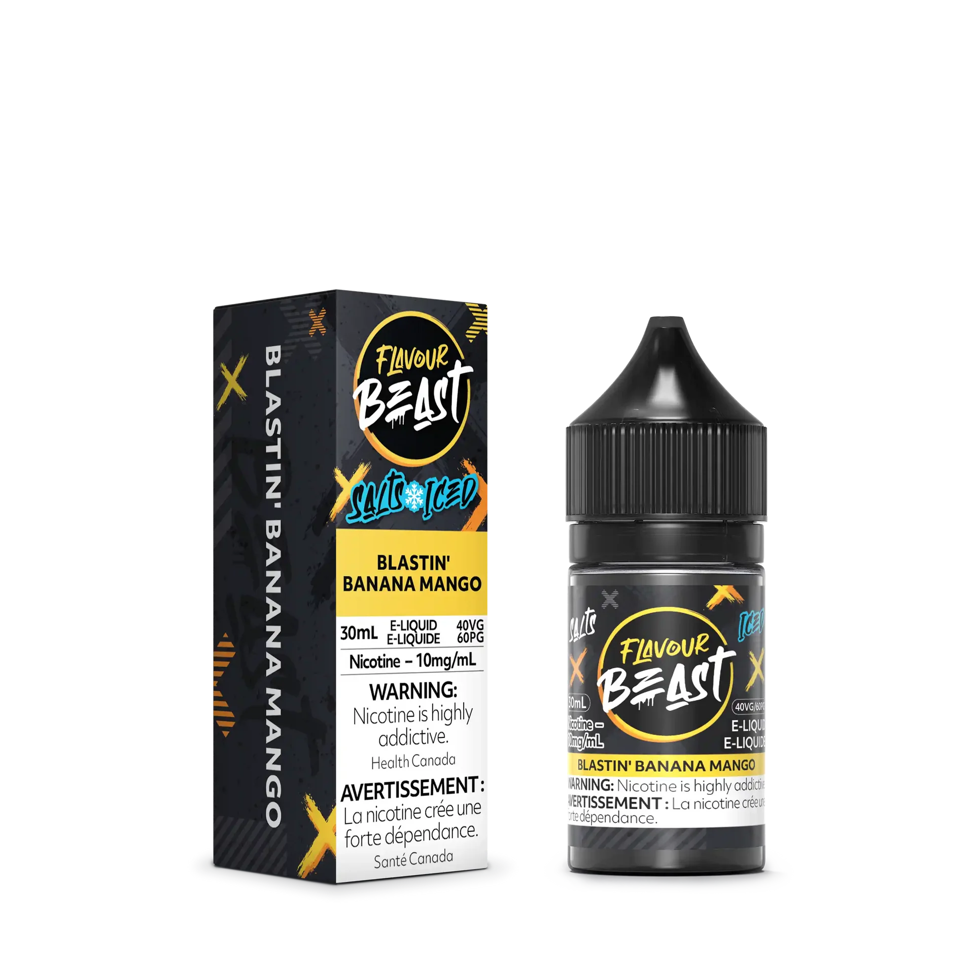 Flavour Beast Salt Blastin' Banana Mango Iced 30mL e-liquid bottle and matching black and yellow box.