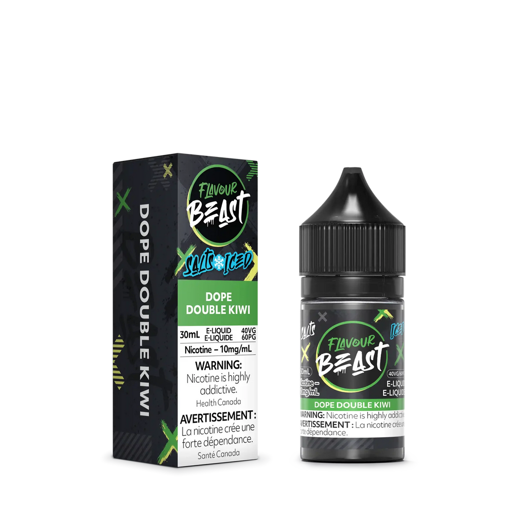 Flavour Beast Salt Dope Double Kiwi Iced 30mL e-liquid bottle and matching black and green box.