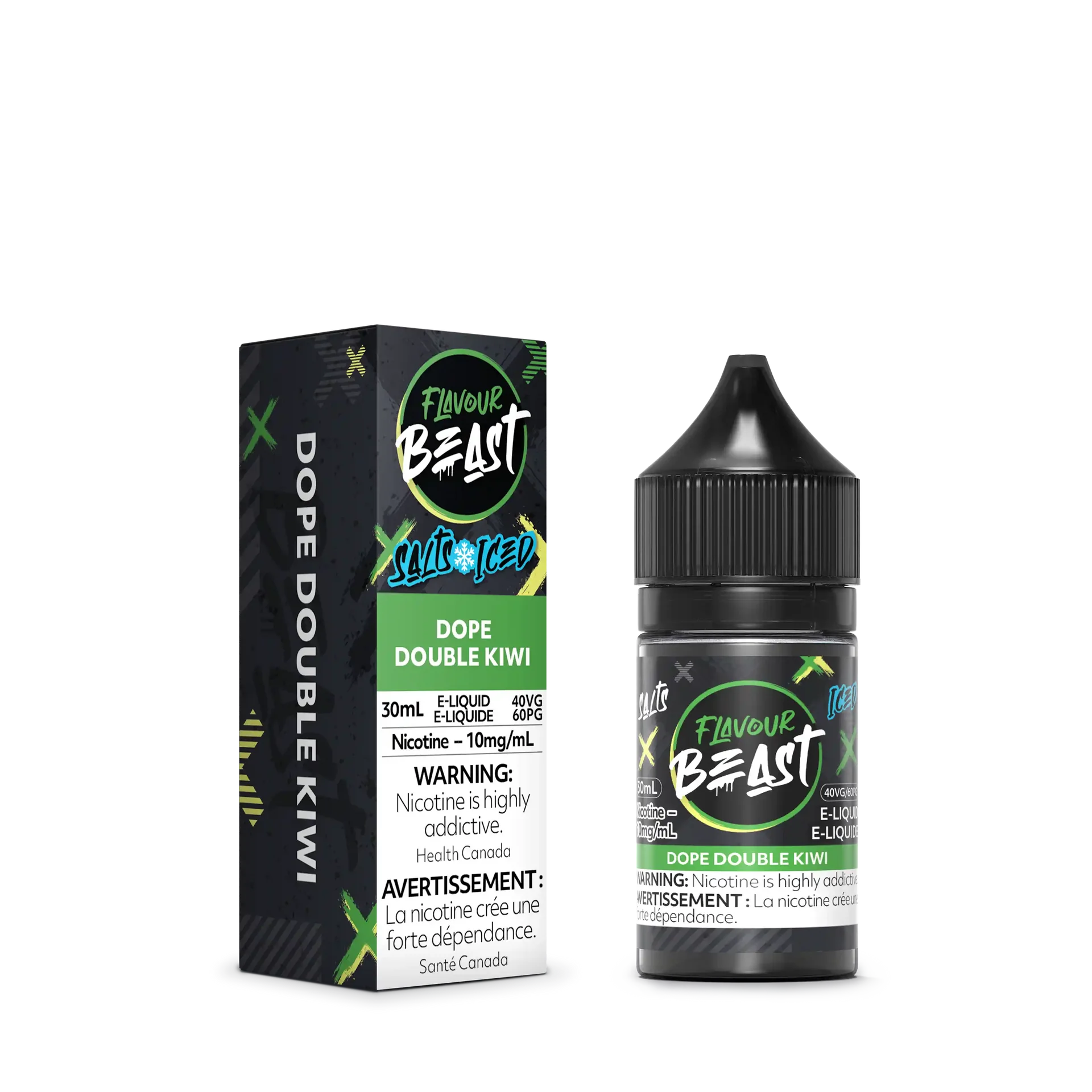 Flavour Beast Salt Dope Double Kiwi Iced 30mL e-liquid bottle and matching black and green box.