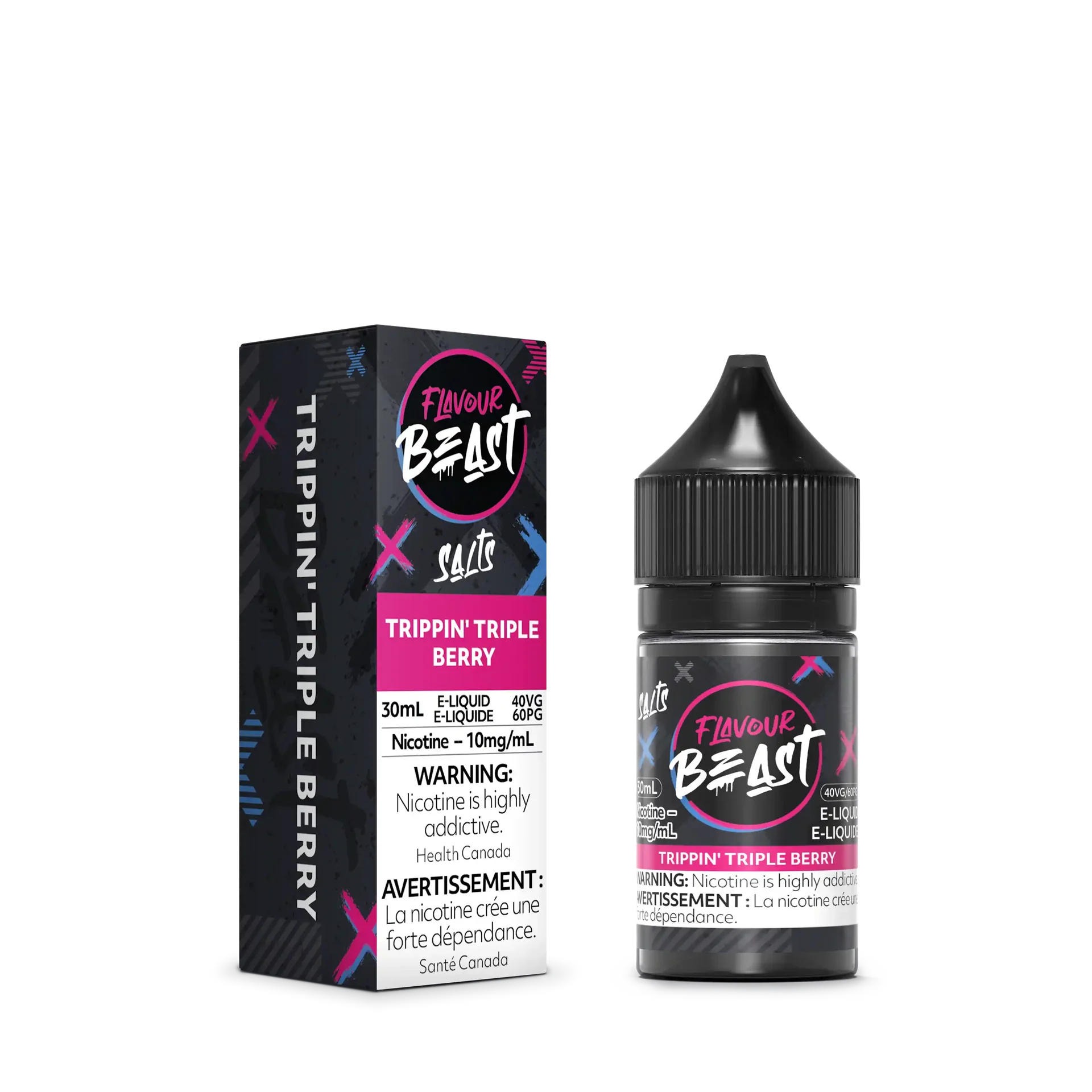 Flavour Beast Salt Trippin' Triple Berry e-liquid bottle and box, black with pink and blue accents.