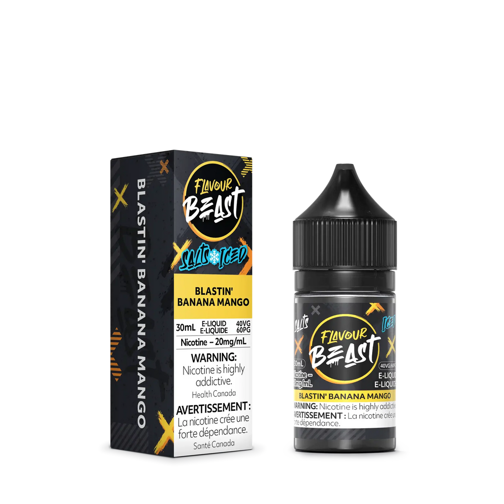 Flavour Beast Salt Blastin' Banana Mango Iced 30mL e-liquid bottle and matching black and yellow box.